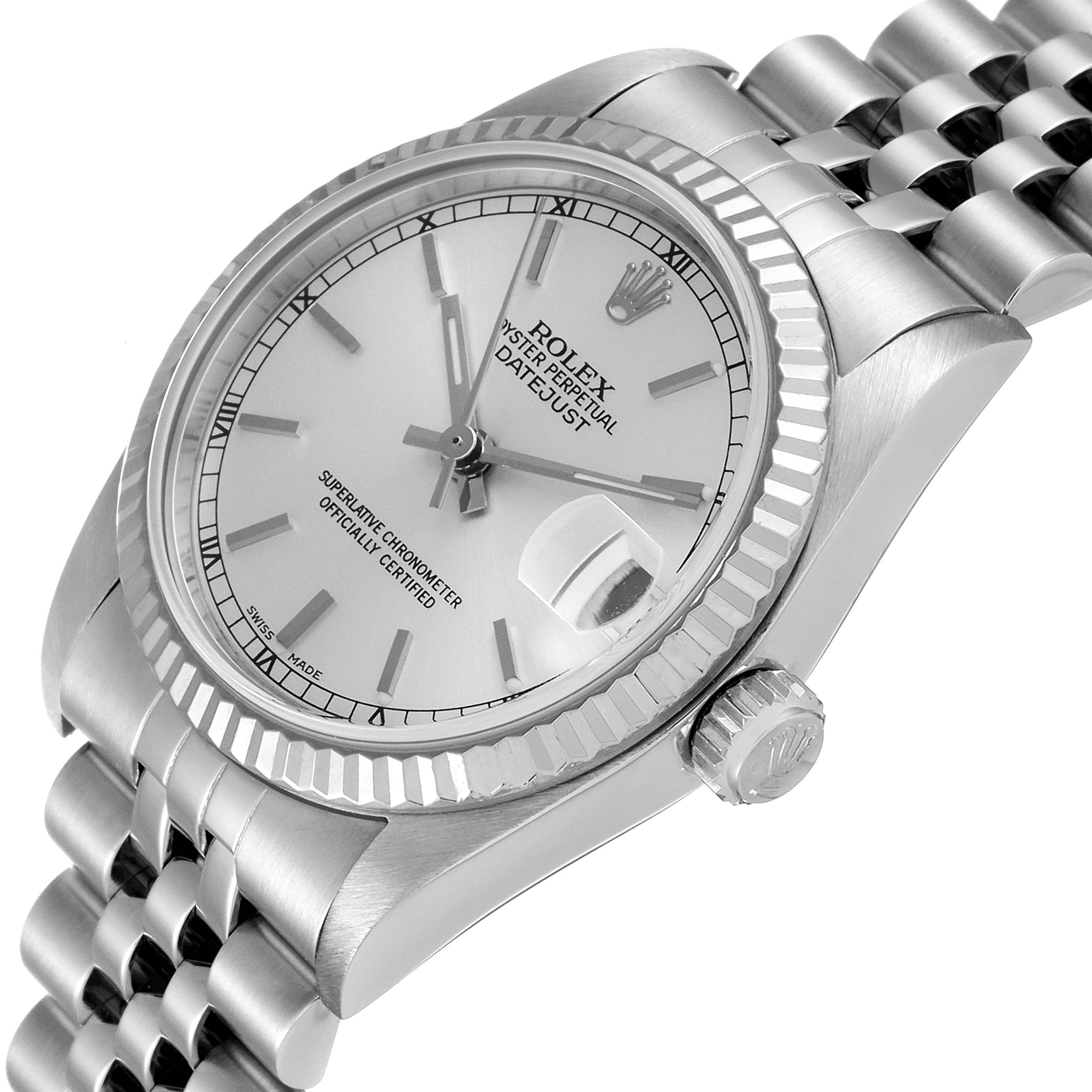 The image shows a Rolex Datejust Mid-Size watch at a slight angle, highlighting the dial, crown, and bracelet.