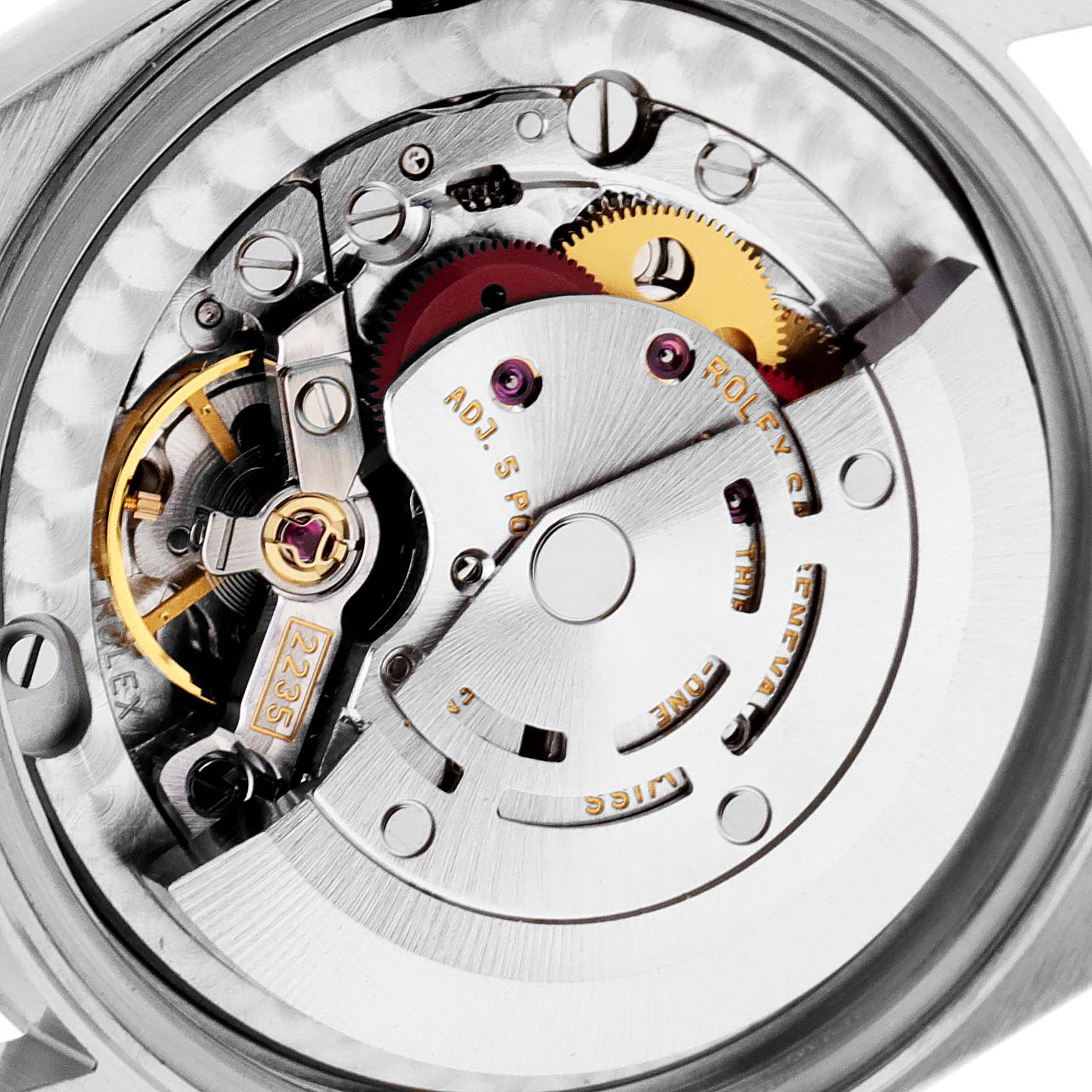 This close-up image shows the intricate internal mechanics of a Rolex Mid-Size 78274 Women's Stainless Steel Silver Dial 78274 Women's Stainless Steel Silver Dial model watch.