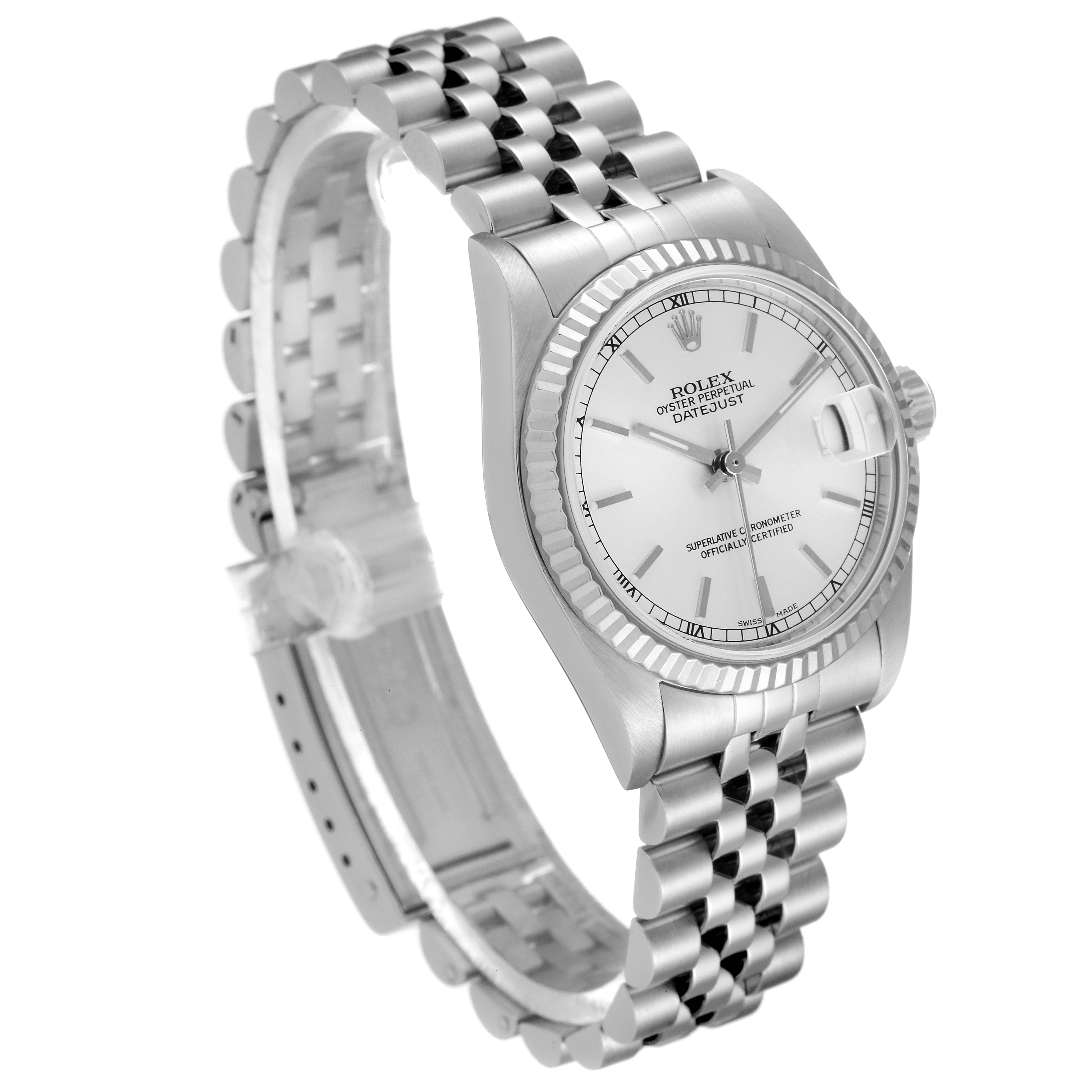 This Rolex Mid-Size 78274 Women's Stainless Steel Silver Dial 78274 Women's Stainless Steel Silver Dial Oyster Perpetual Datejust is shown at an angle highlighting the face, bezel, and bracelet.