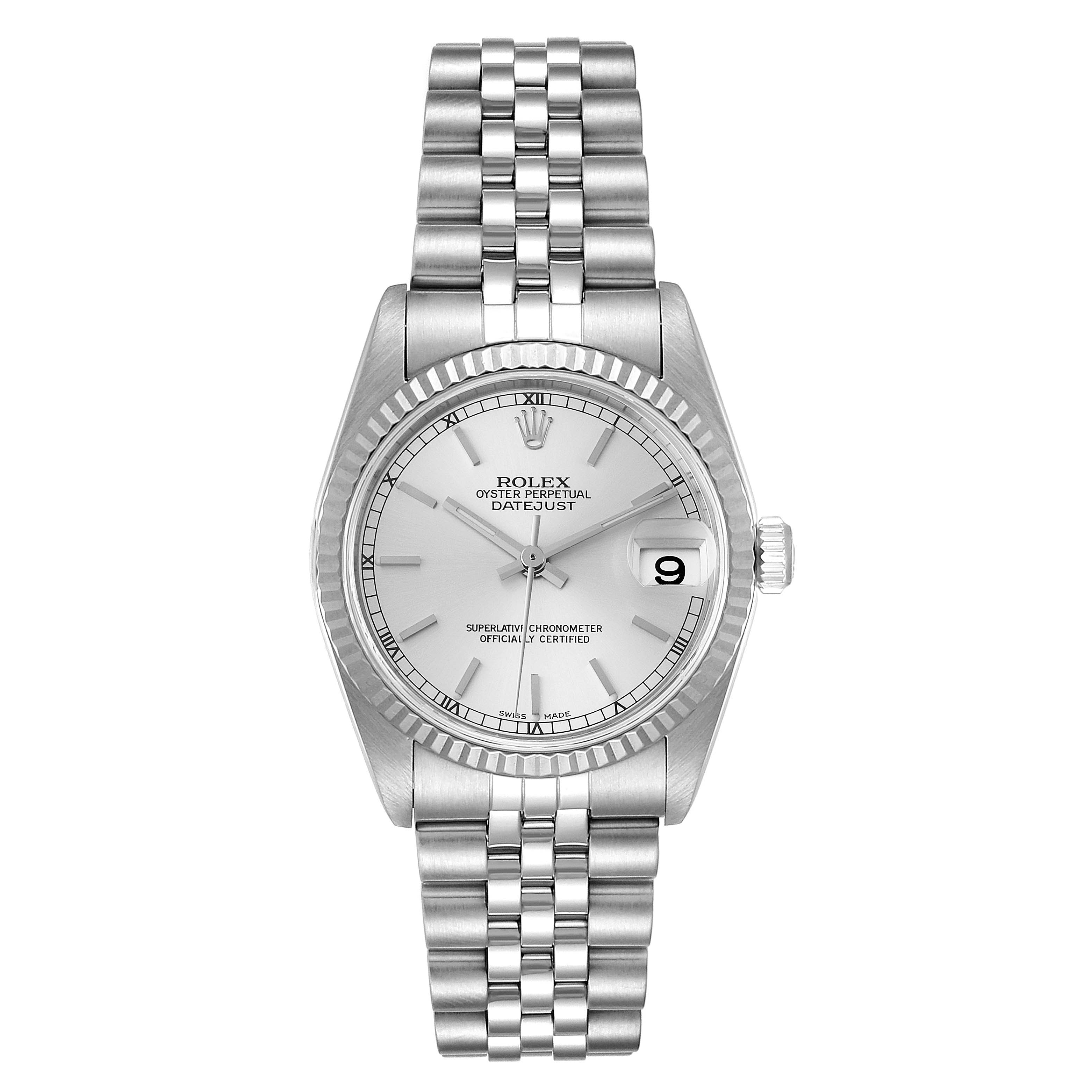This is a frontal view of a Rolex Datejust Mid-Size watch showing the face, bezel, crown, and bracelet.