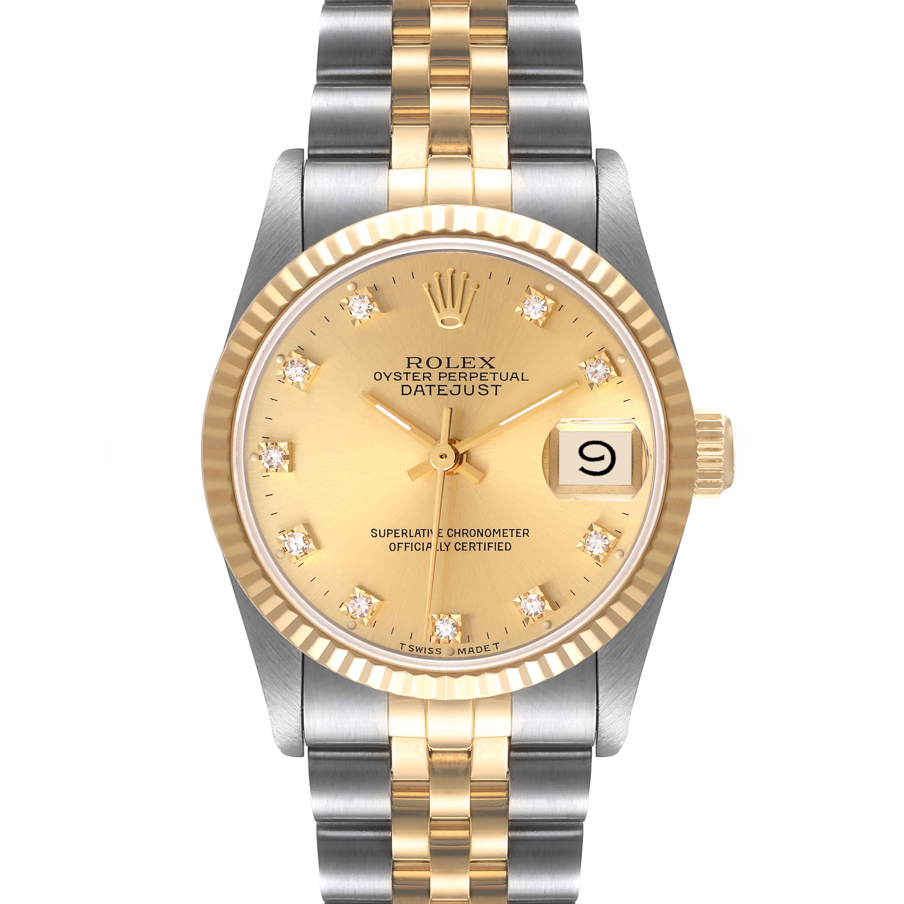 The image shows a front view of the Rolex Mid-Size 68273 Women's Steel and Gold (two tone) Champagne Dial 68273 Women's Steel and Gold (two tone) Champagne Dial Datejust with a two-tone bracelet and diamond hour markers.
