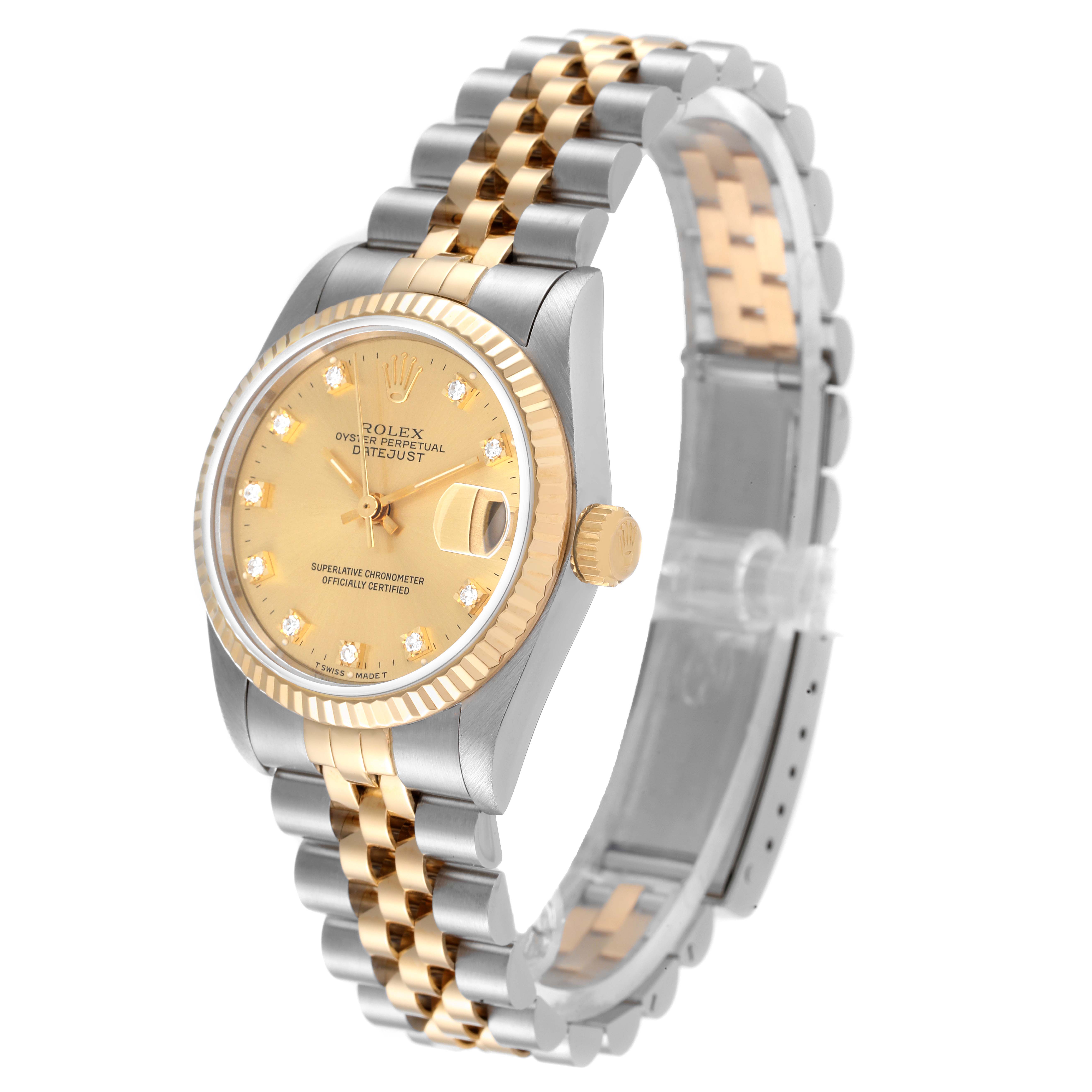 This Rolex Mid-Size 68273 Women's Steel and Gold (two tone) Champagne Dial 68273 Women's Steel and Gold (two tone) Champagne Dial model watch is displayed at a three-quarter angle, showing the face, bezel, and part of the band.