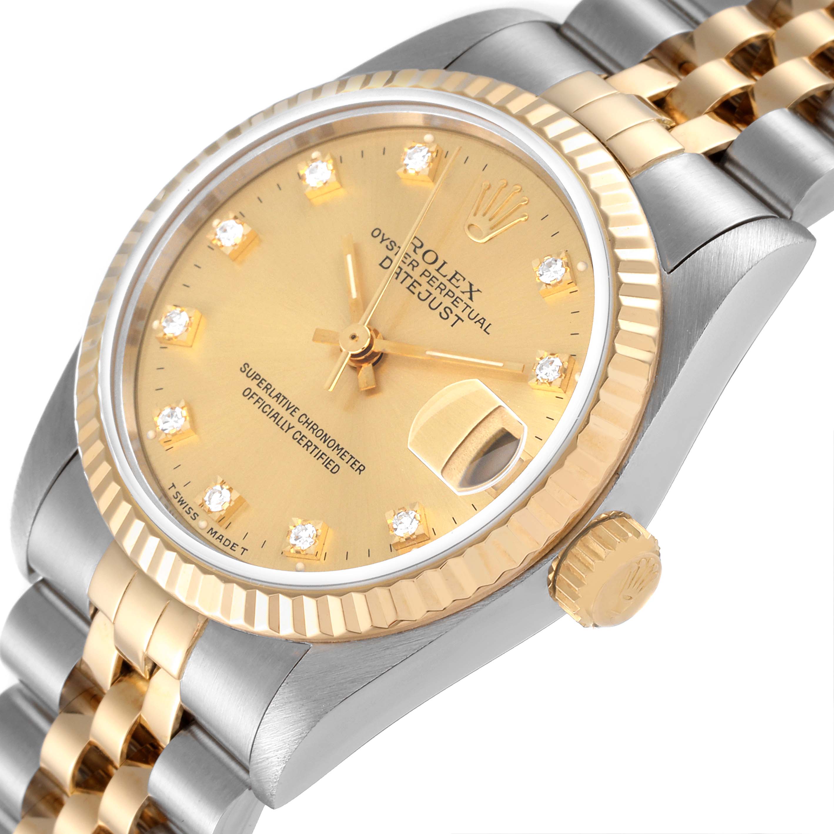 The image shows a close-up and angled view of a Mid-Size Rolex watch, highlighting the dial, bezel, and part of the bracelet.