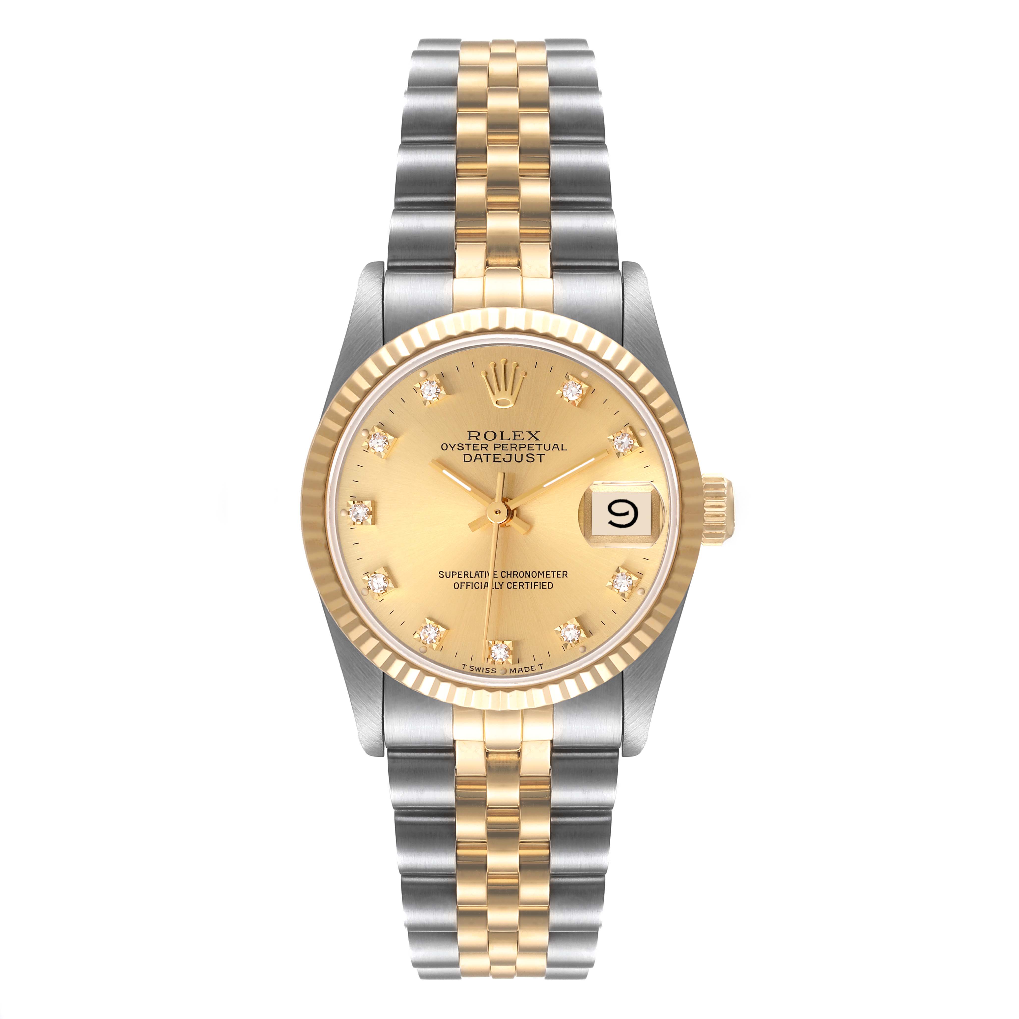 This image shows a front view of a Rolex Mid-Size 68273 Women's Steel and Gold (two tone) Champagne Dial 68273 Women's Steel and Gold (two tone) Champagne Dial Datejust watch, displaying the dial, bezel, and bracelet.