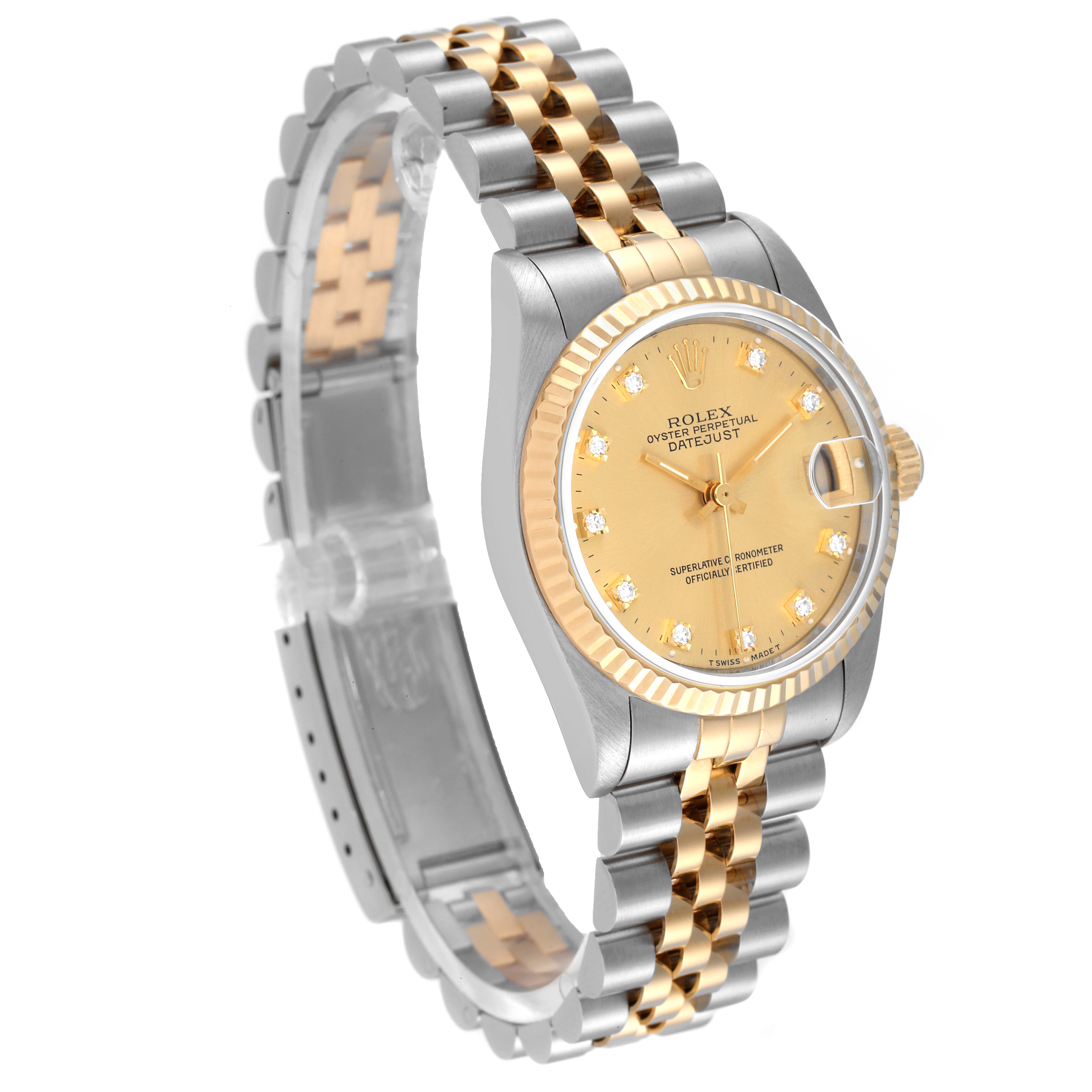 The image shows a Mid-Size Rolex Datejust watch, featuring a two-tone bracelet and a gold dial with diamond markers.
