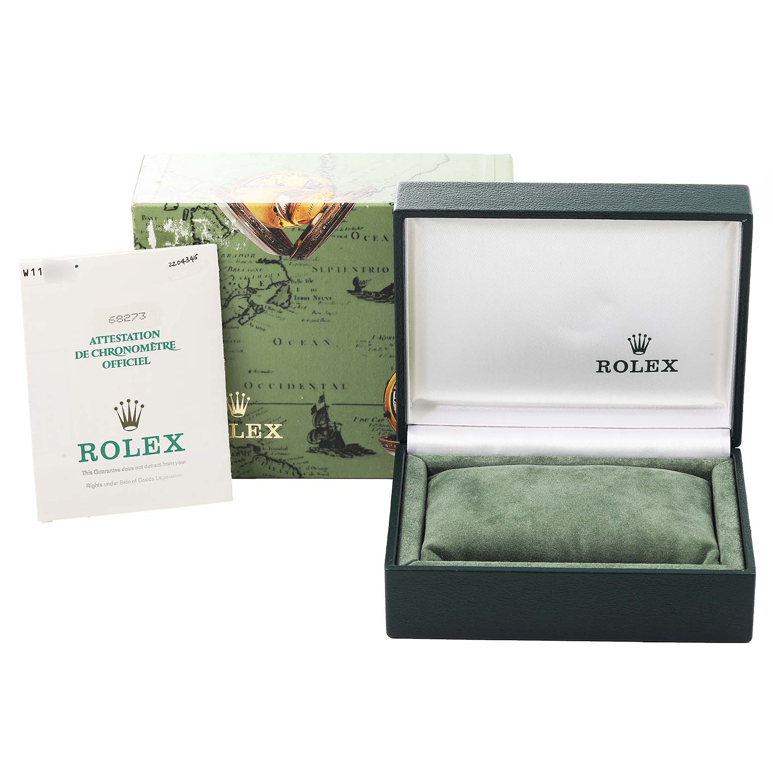 The image shows the packaging, display box, and certificate for a Mid-Size Rolex watch, without the watch itself.