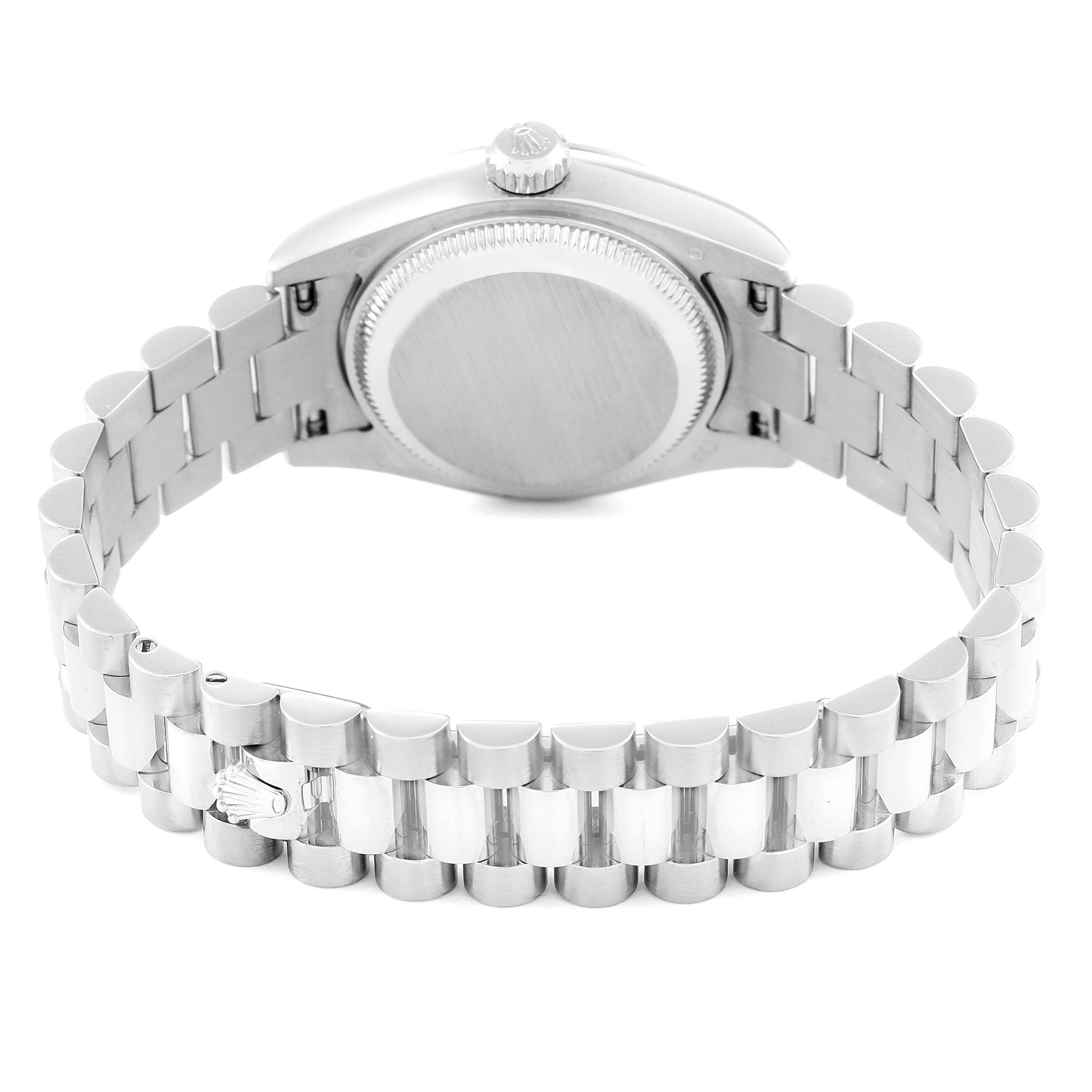 This image shows the back view of a Rolex President 179179 Women's White Gold Brown Dial 179179 Women's White Gold Brown Dial model watch, highlighting its bracelet and caseback.