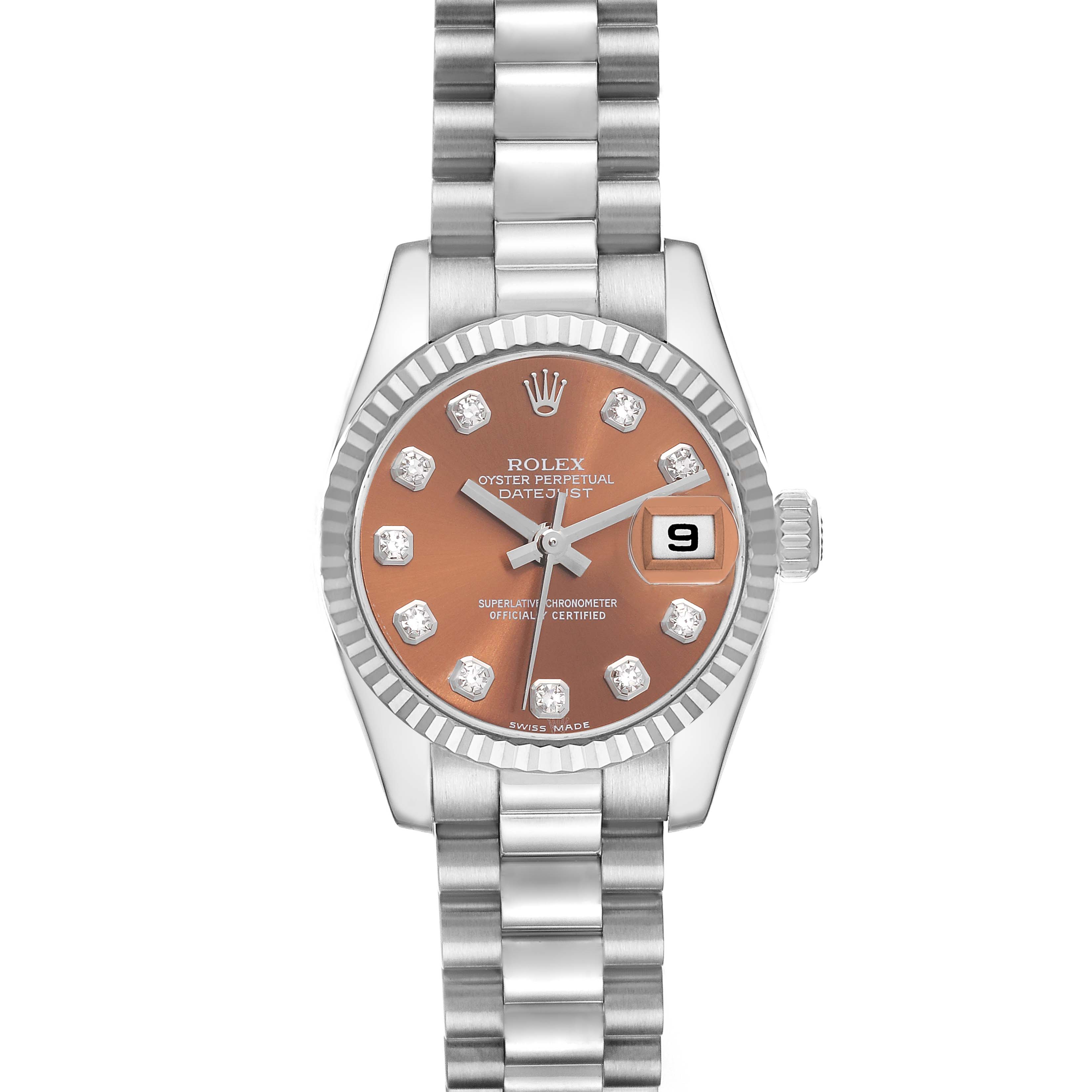 This image displays the face and bracelet of a Rolex President 179179 Women's White Gold Brown Dial 179179 Women's White Gold Brown Dial model watch with a brown dial and diamond markers.