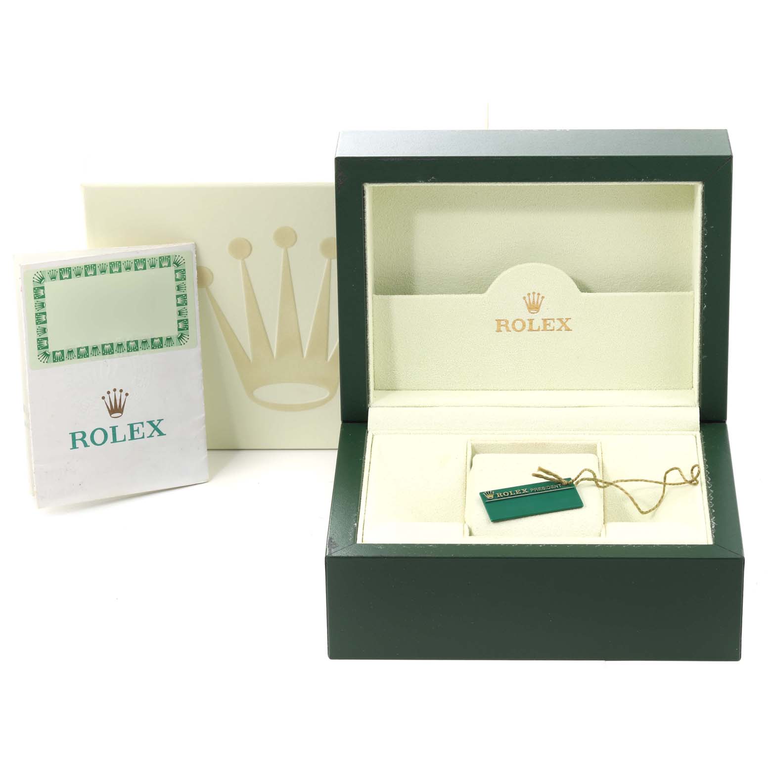 The image shows the packaging and accessories for a Rolex President 179179 Women's White Gold Brown Dial 179179 Women's White Gold Brown Dial model watch, including an open box, tag, and booklet.