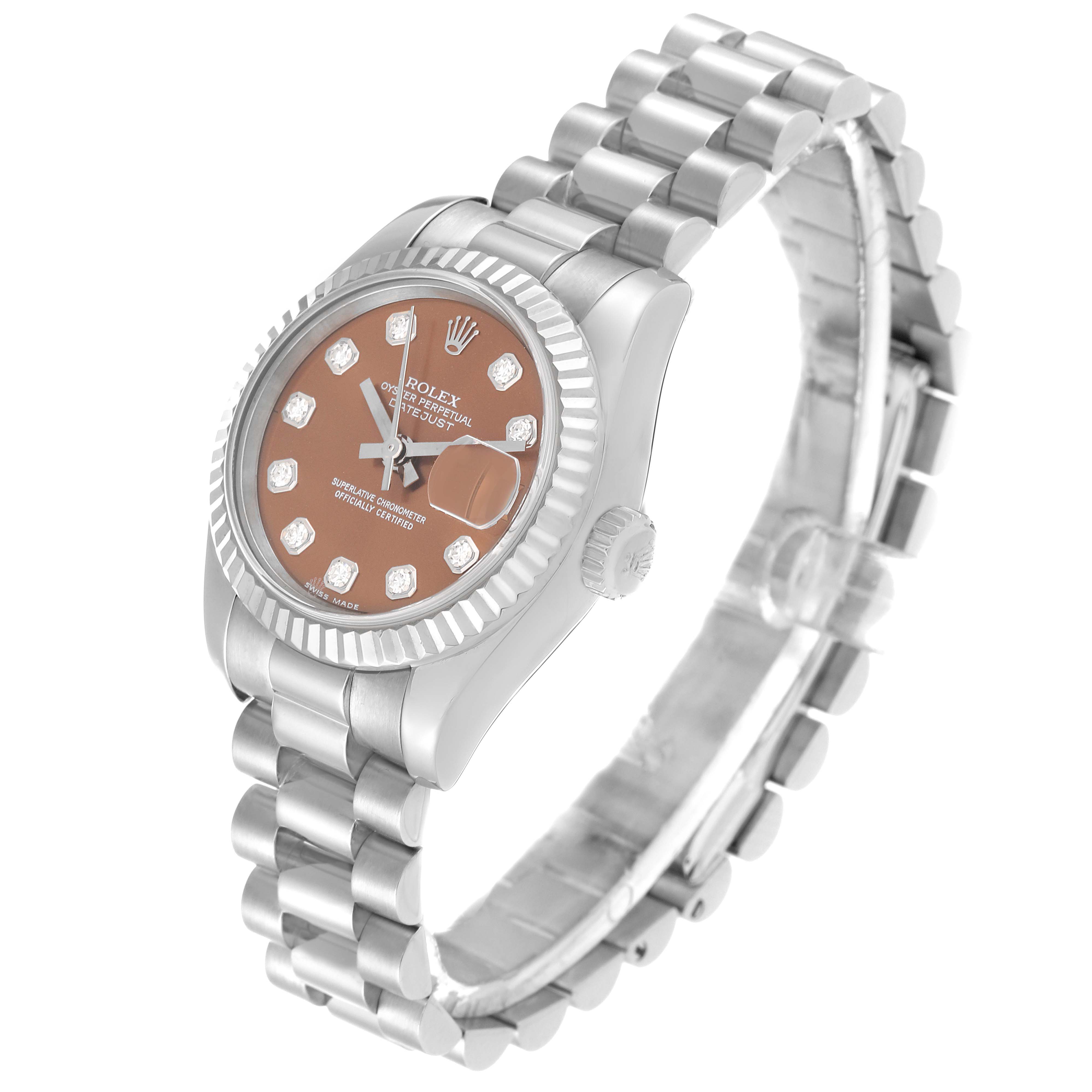 The image shows a Rolex President 179179 Women's White Gold Brown Dial 179179 Women's White Gold Brown Dial model watch at an angle that highlights the face, bezel, and bracelet.