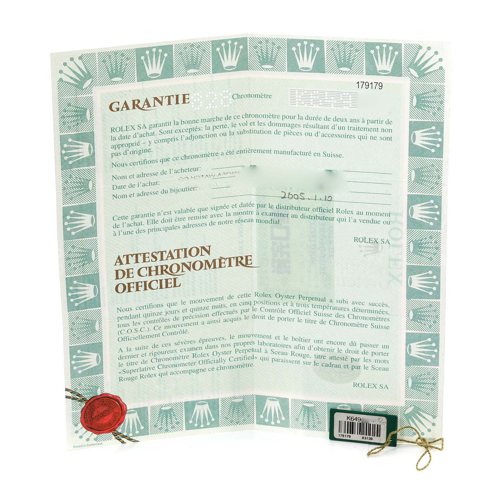 The image shows the warranty card and official chronometer certification for a Rolex President 179179 Women's White Gold Brown Dial 179179 Women's White Gold Brown Dial model watch.