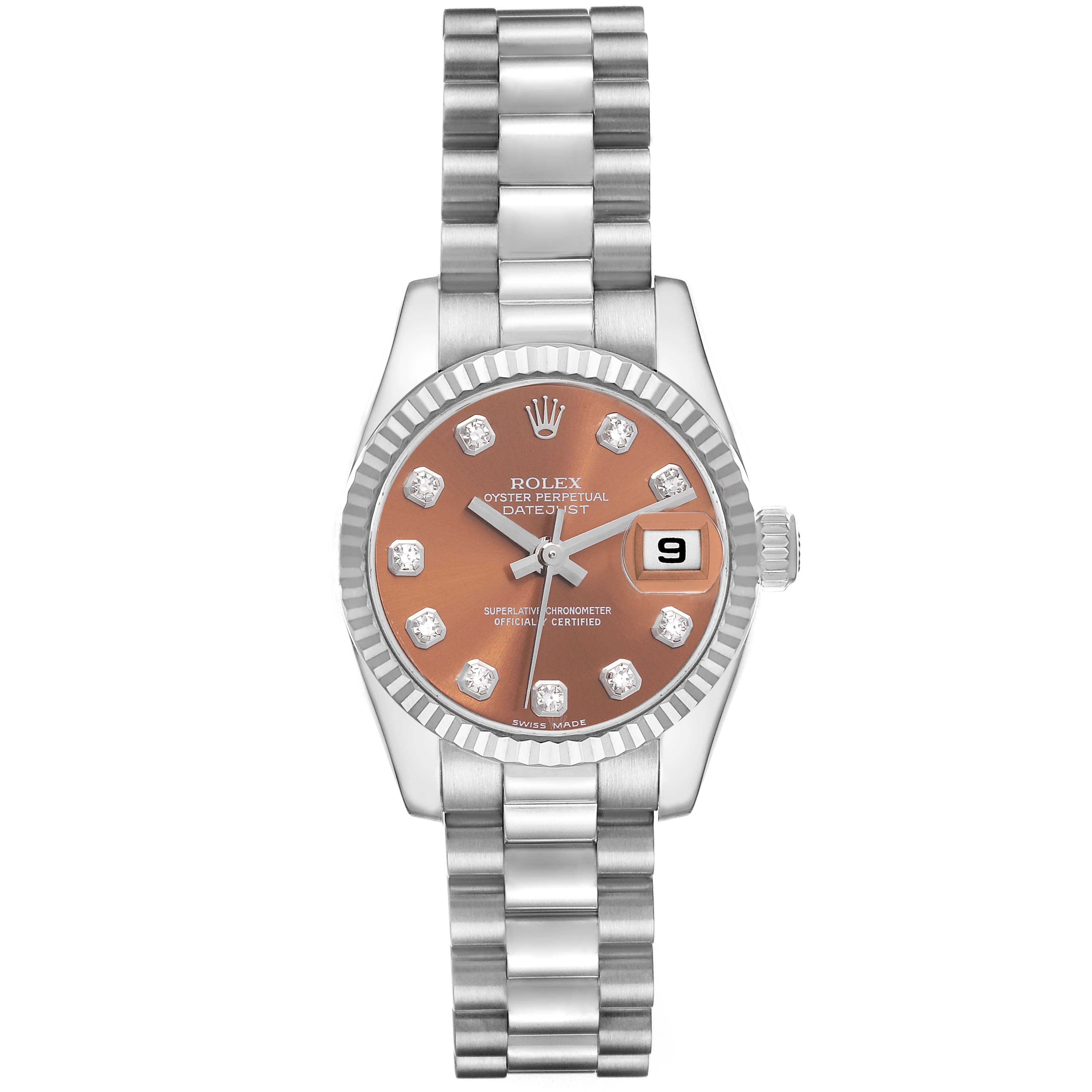 The image shows a Rolex President 179179 Women's White Gold Brown Dial 179179 Women's White Gold Brown Dial model watch, depicting a frontal view of the watch face, bracelet, bezel, and crown.