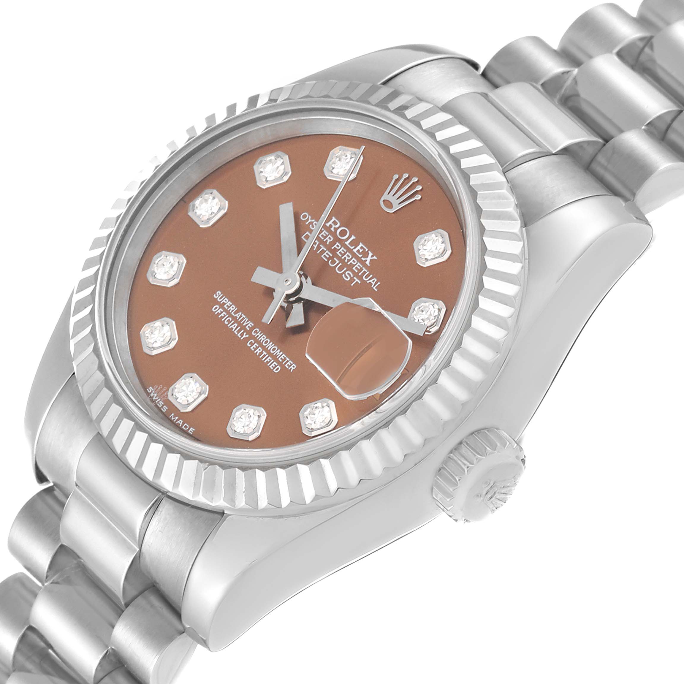 The image shows a close-up angle of the Rolex President 179179 Women's White Gold Brown Dial 179179 Women's White Gold Brown Dial model watch, highlighting the dial, bezel, crown, and part of the bracelet.