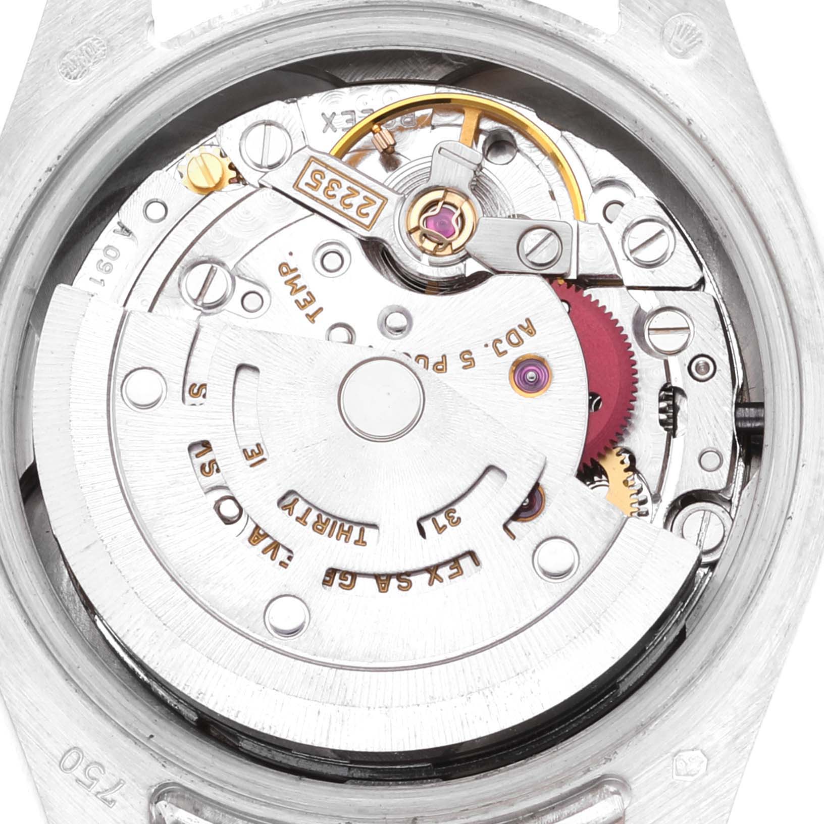 This close-up image shows the intricate internal movement mechanisms of the Rolex President 179179 Women's White Gold Brown Dial 179179 Women's White Gold Brown Dial model watch.