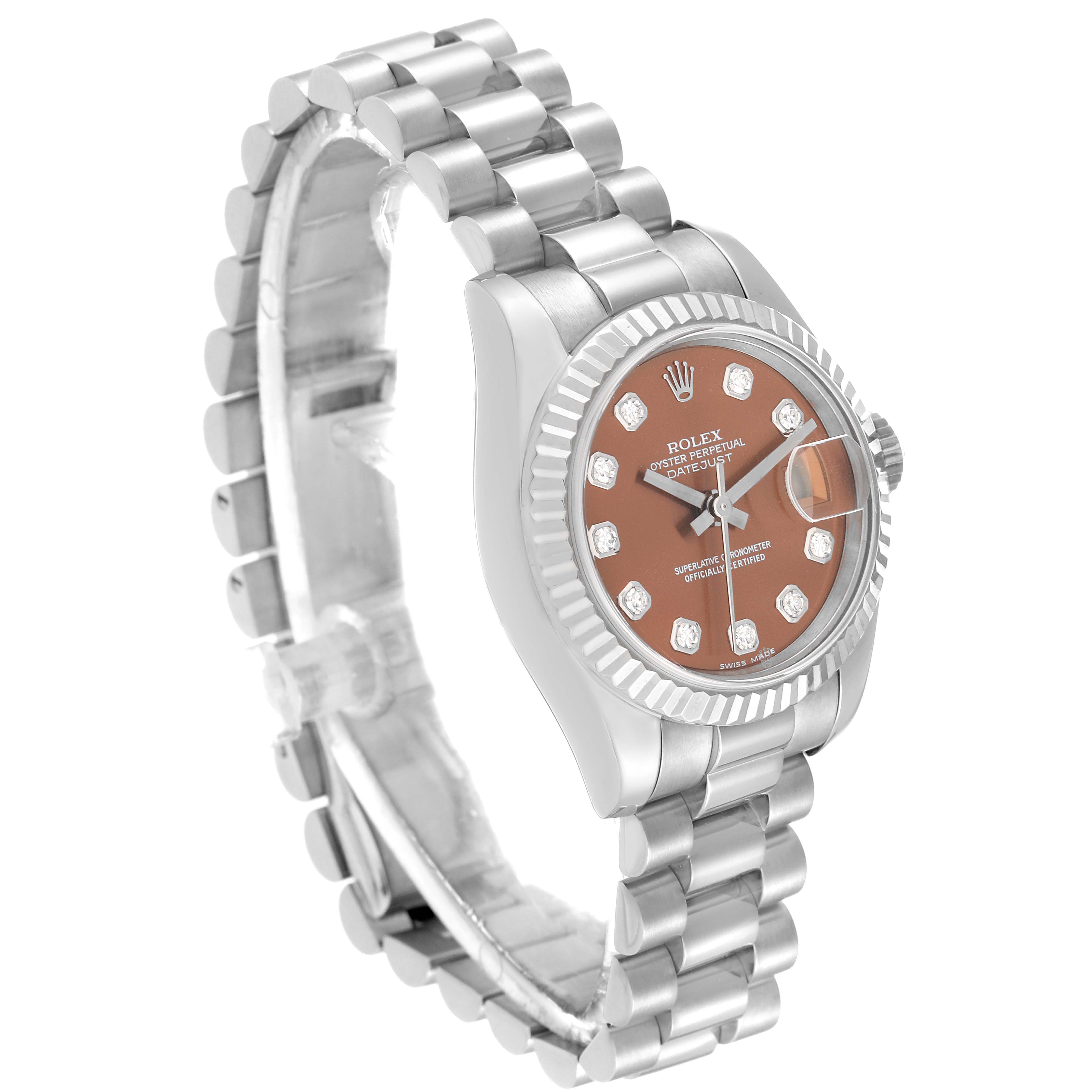 The image shows the front and side angle of a Rolex President 179179 Women's White Gold Brown Dial 179179 Women's White Gold Brown Dial watch, highlighting its bracelet, bezel, and dial.