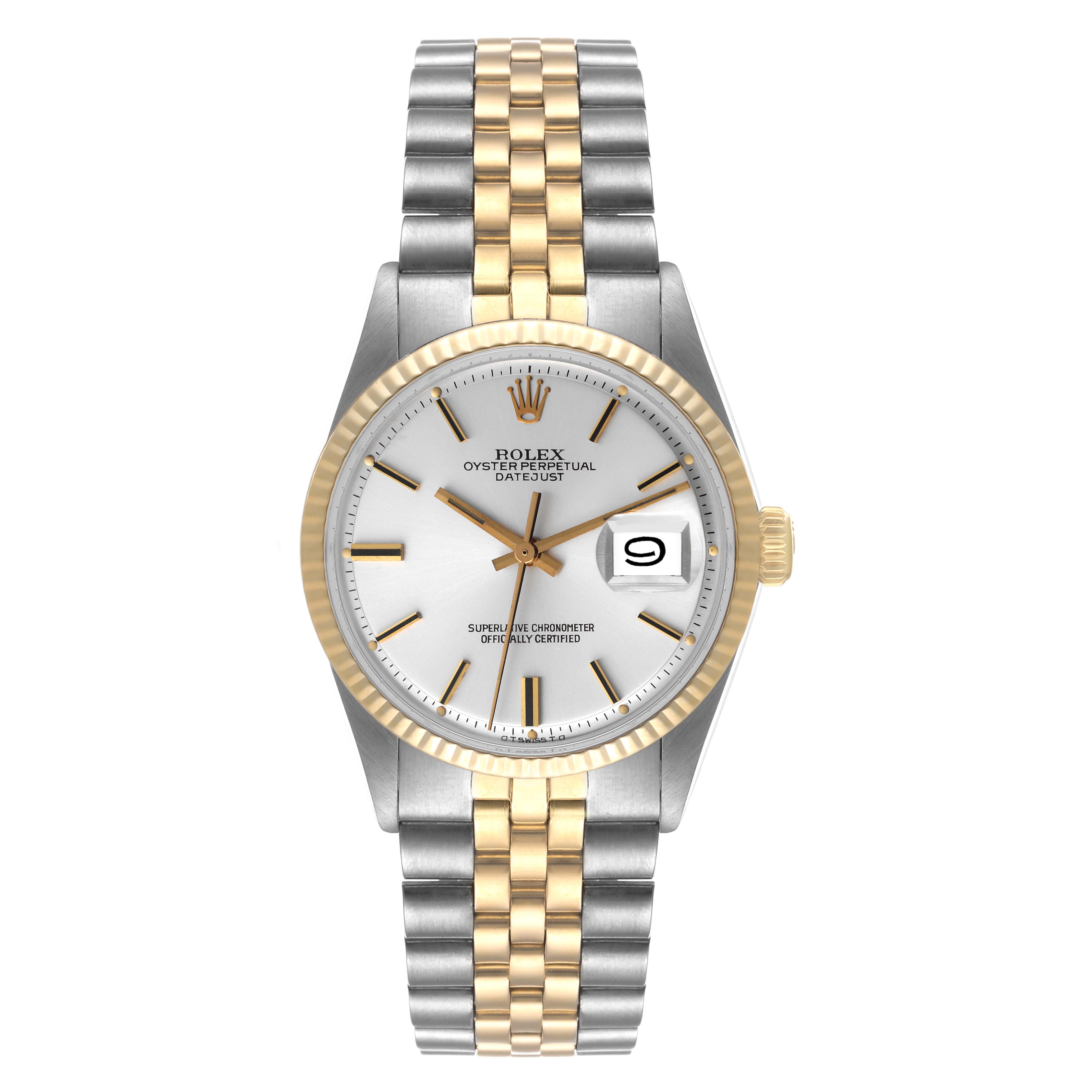 The Rolex Vintage Collection 1601 Men's Steel and Gold (two tone) Silver Dial 1601 Men's Steel and Gold (two tone) Silver Dial watch is shown from a top-down angle displaying its dial, hands, bezel, and two-tone bracelet.