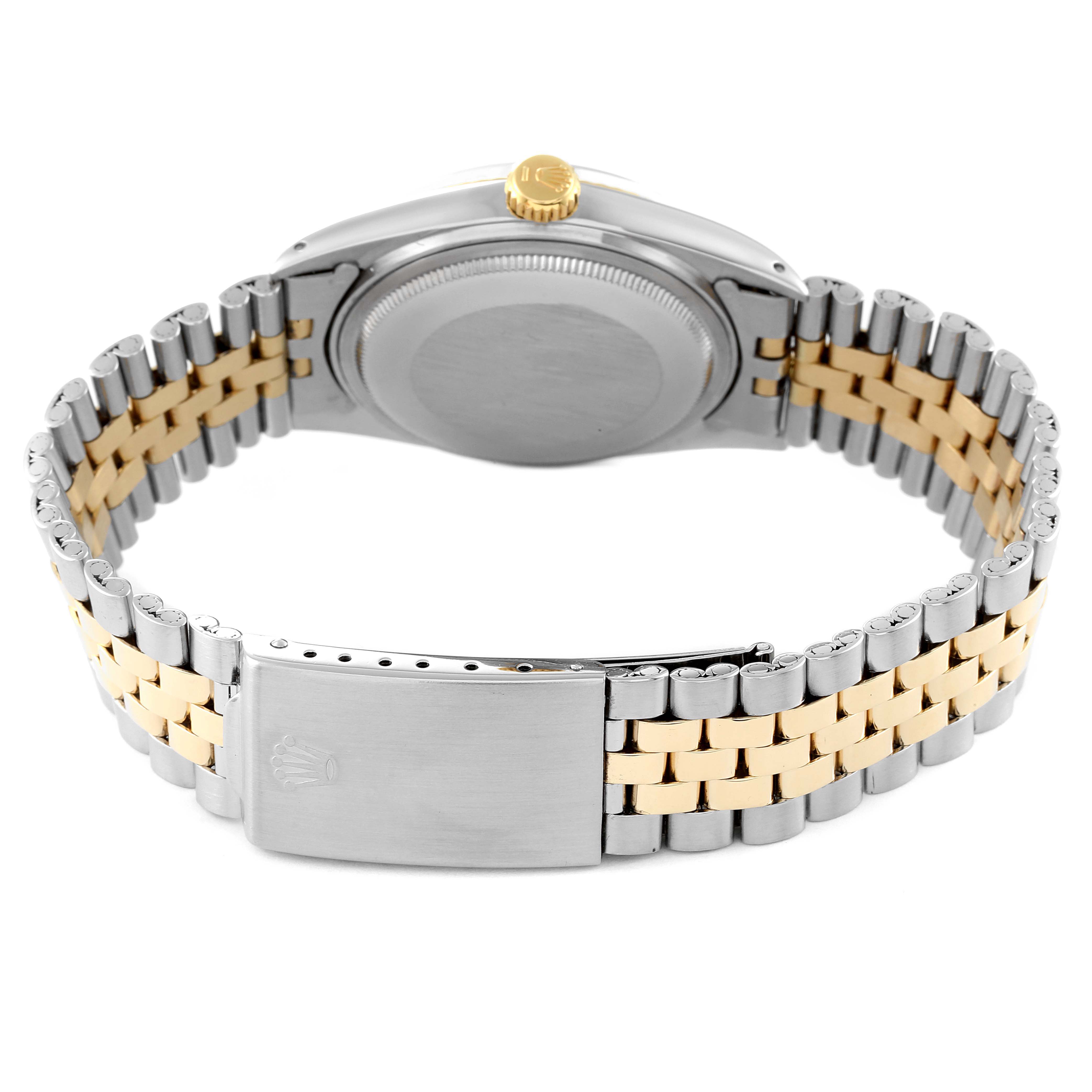 The image shows the back view of the Rolex Vintage Collection 1601 Men's Steel and Gold (two tone) Silver Dial 1601 Men's Steel and Gold (two tone) Silver Dial watch, highlighting its two-tone bracelet and clasp.