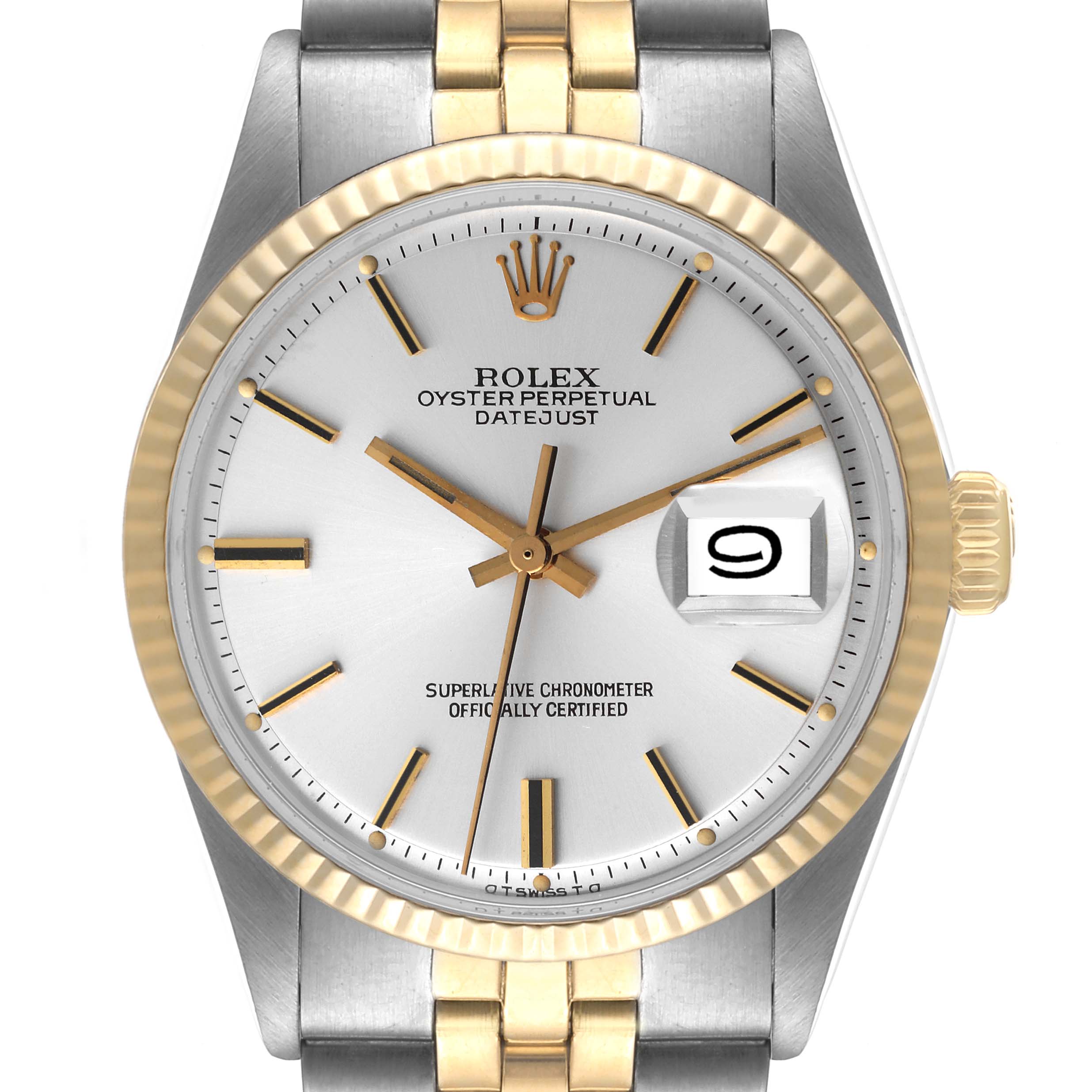 The Rolex Vintage Collection 1601 Men's Steel and Gold (two tone) Silver Dial 1601 Men's Steel and Gold (two tone) Silver Dial model is shown from the front, highlighting its dial, hands, date window, bezel, and part of the bracelet.