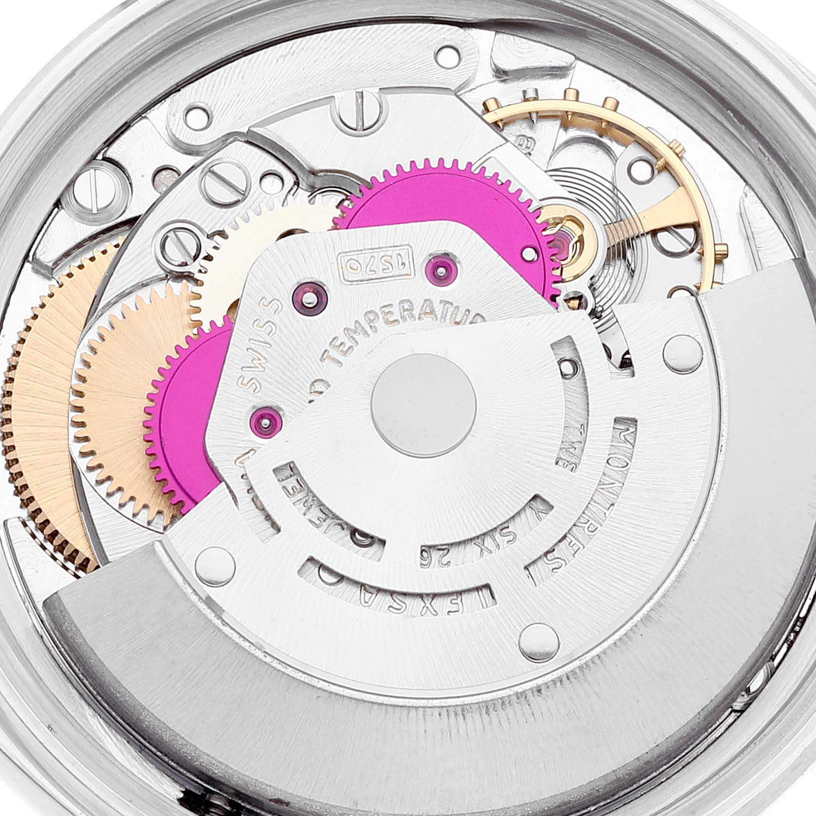 This image shows a close-up view of the internal mechanical movement of the Rolex Vintage Collection 1601 Men's Steel and Gold (two tone) Silver Dial 1601 Men's Steel and Gold (two tone) Silver Dial watch.
