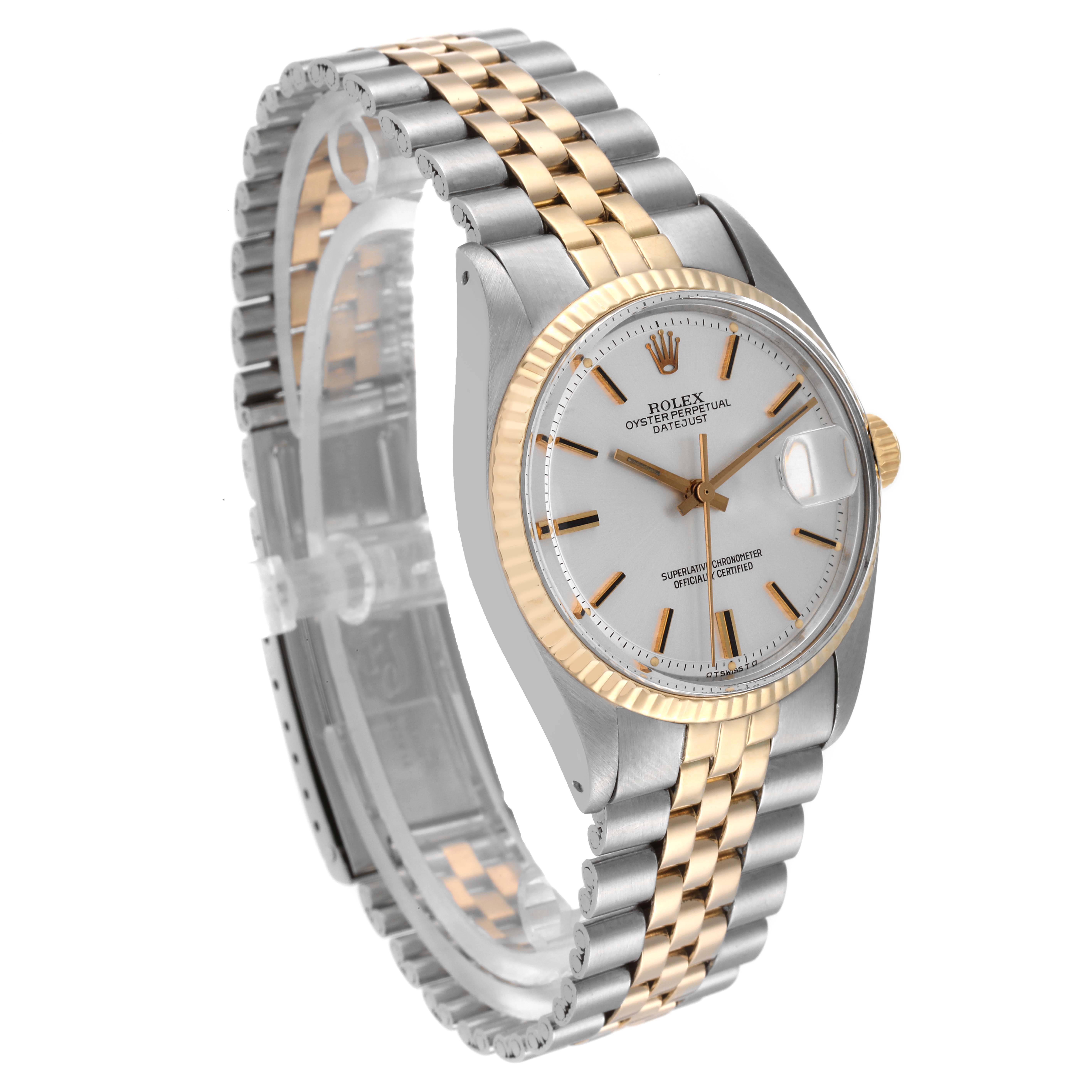 The image shows a Rolex Vintage Collection 1601 Men's Steel and Gold (two tone) Silver Dial 1601 Men's Steel and Gold (two tone) Silver Dial watch at a three-quarter angle, highlighting its two-tone bracelet, face, and crown.