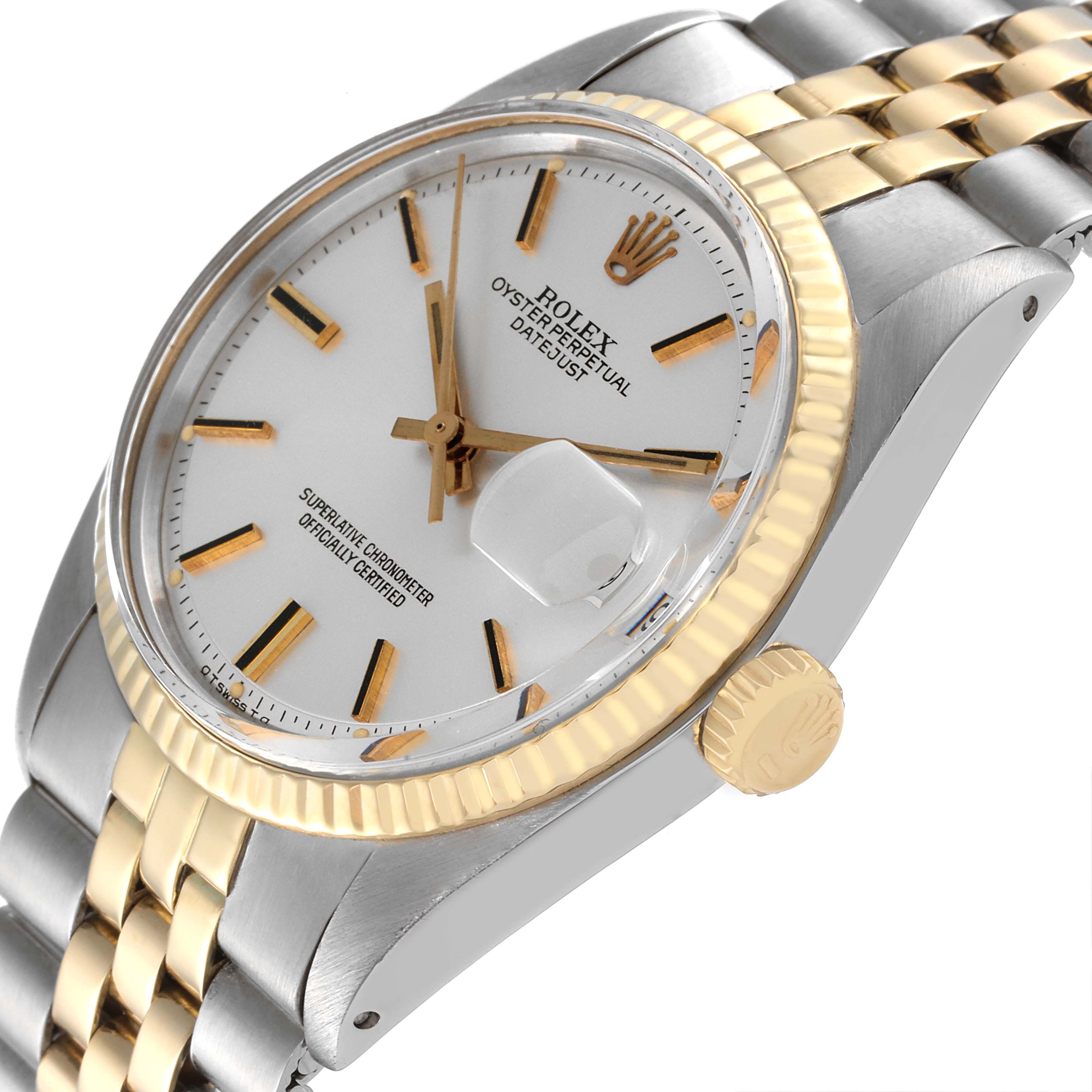 The image shows a close-up angled view of the Rolex Vintage Collection 1601 Men's Steel and Gold (two tone) Silver Dial 1601 Men's Steel and Gold (two tone) Silver Dial model, highlighting the face, crown, and part of the two-tone bracelet.