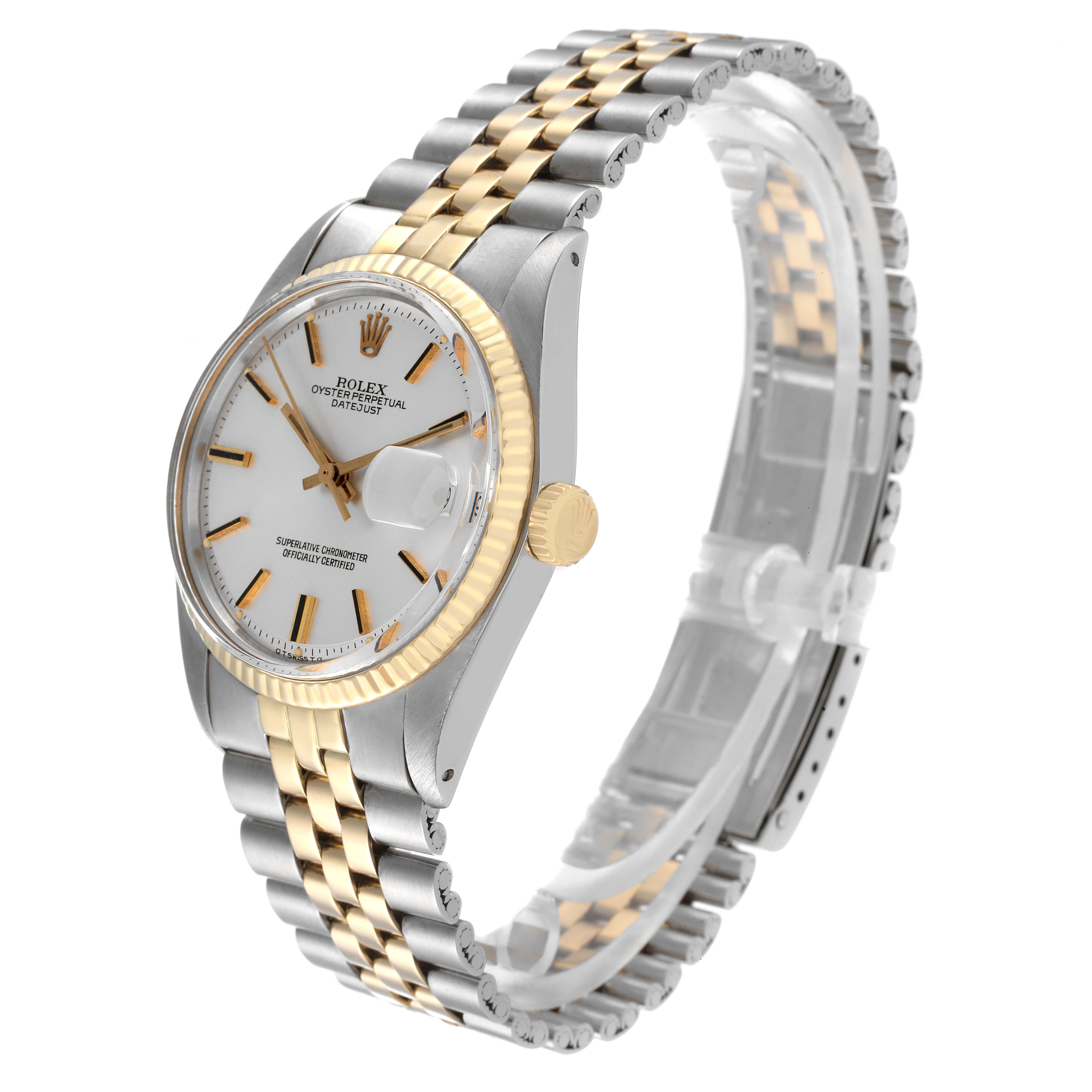 The Rolex Vintage Collection 1601 Men's Steel and Gold (two tone) Silver Dial 1601 Men's Steel and Gold (two tone) Silver Dial watch is shown at an angle highlighting the face, case, crown, and two-tone bracelet.