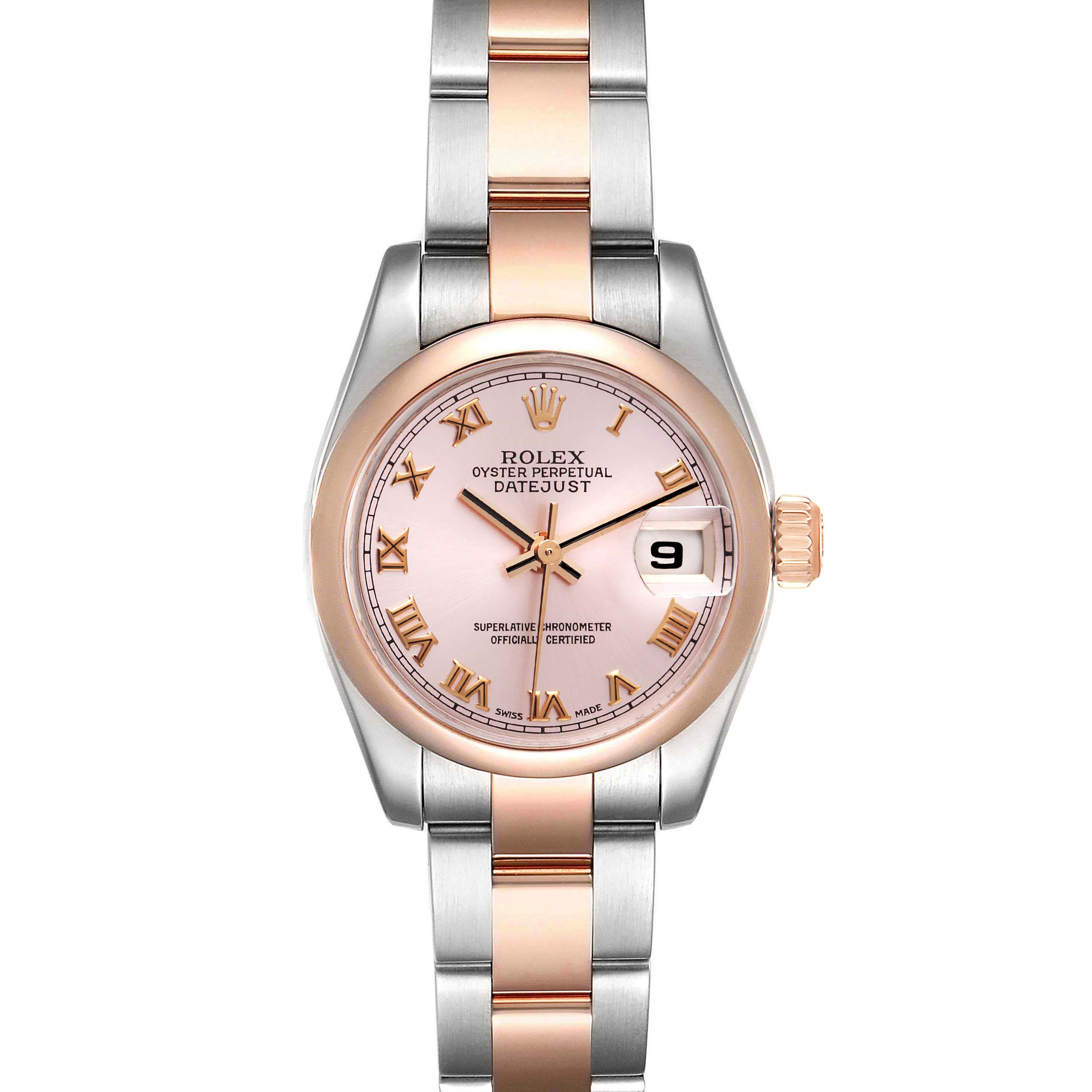 This image displays a front view of a Rolex Datejust 179161 Women's Steel and Gold (two tone) Pink Dial 179161 Women's Steel and Gold (two tone) Pink Dial watch, featuring the dial, bezel, case, and bracelet.