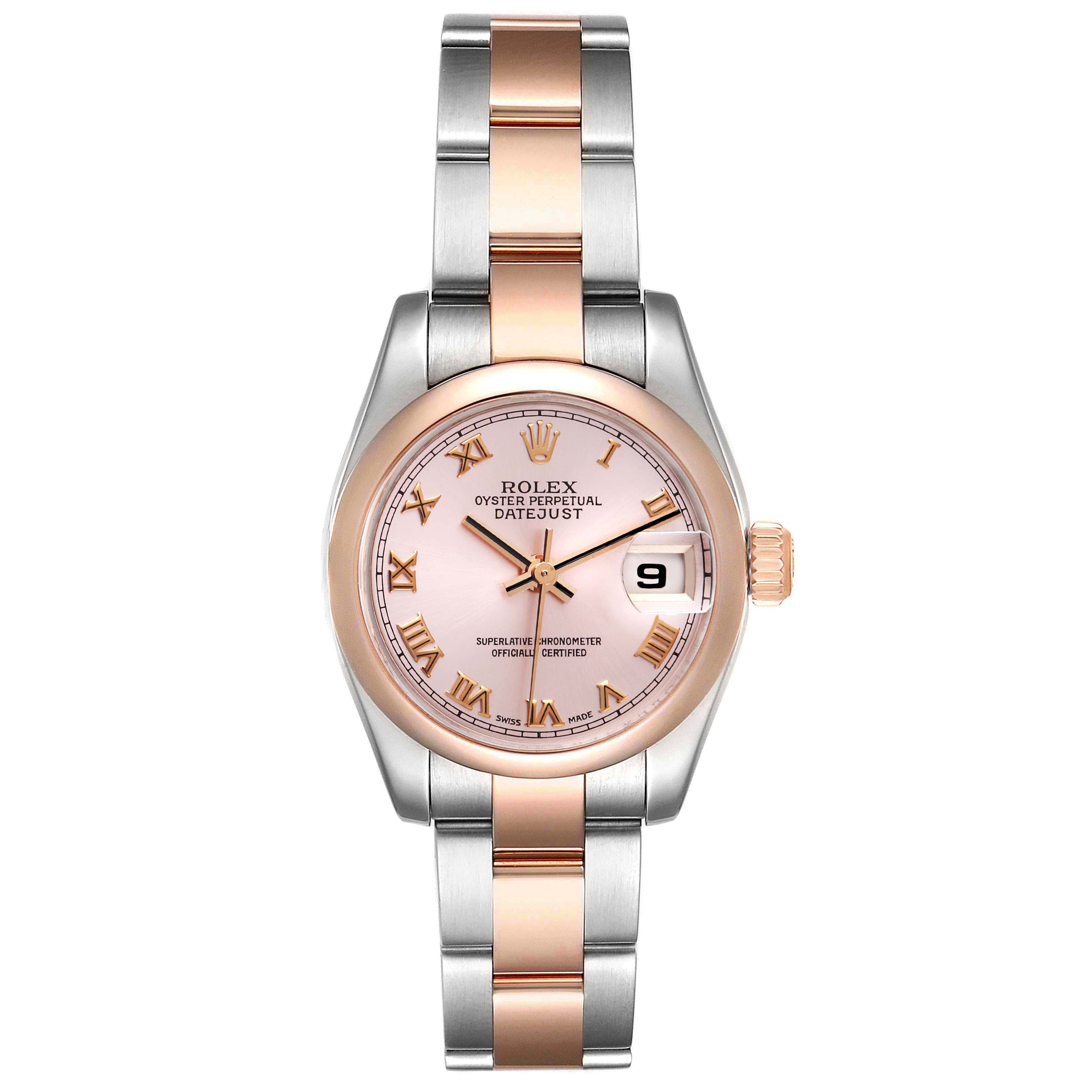 The Rolex Datejust 179161 Women's Steel and Gold (two tone) Pink Dial 179161 Women's Steel and Gold (two tone) Pink Dial watch is shown from a top-down angle, displaying its dial, bezel, and two-tone bracelet.