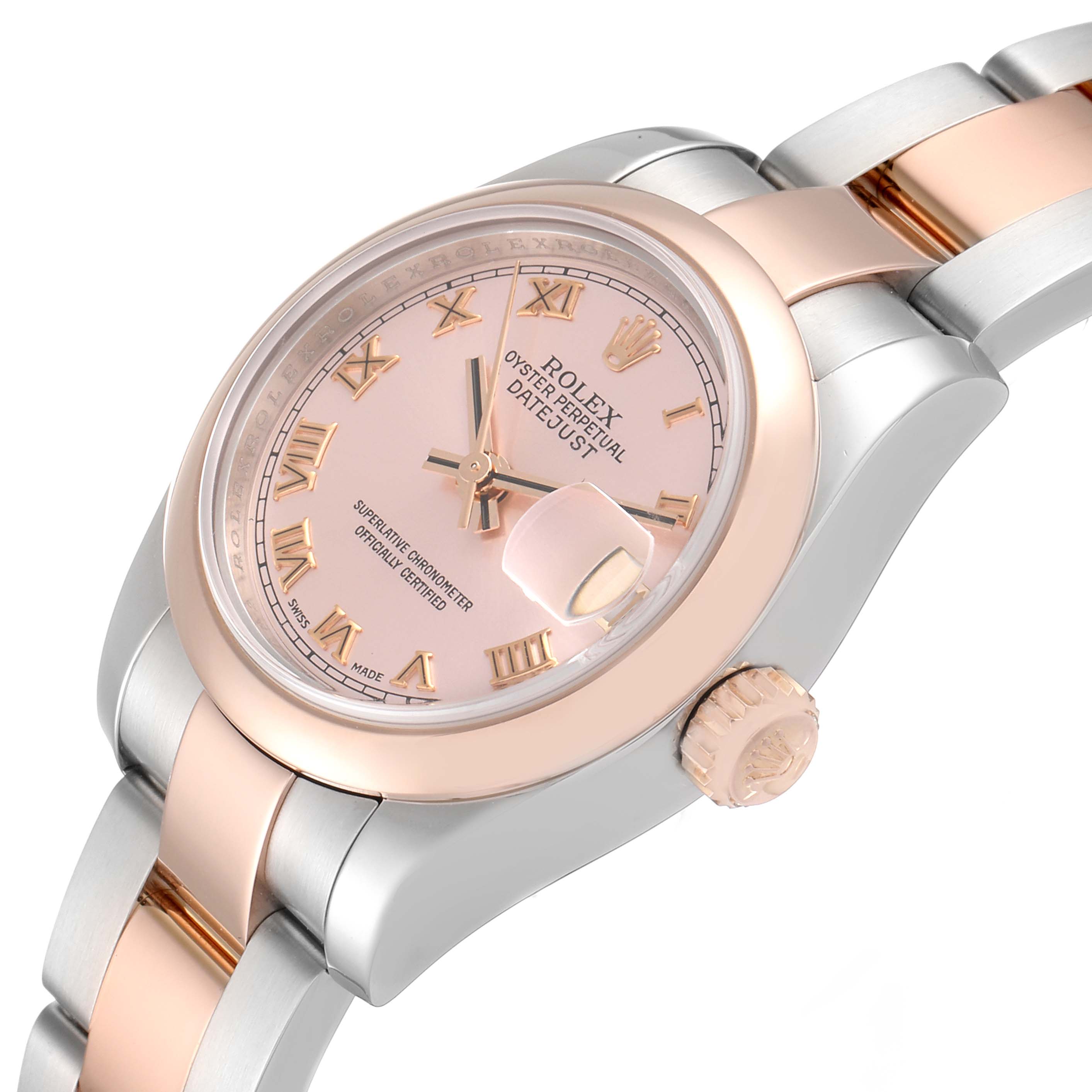 This image shows a side view of a Rolex Datejust 179161 Women's Steel and Gold (two tone) Pink Dial 179161 Women's Steel and Gold (two tone) Pink Dial watch, highlighting the crown, dial, and part of the bracelet.