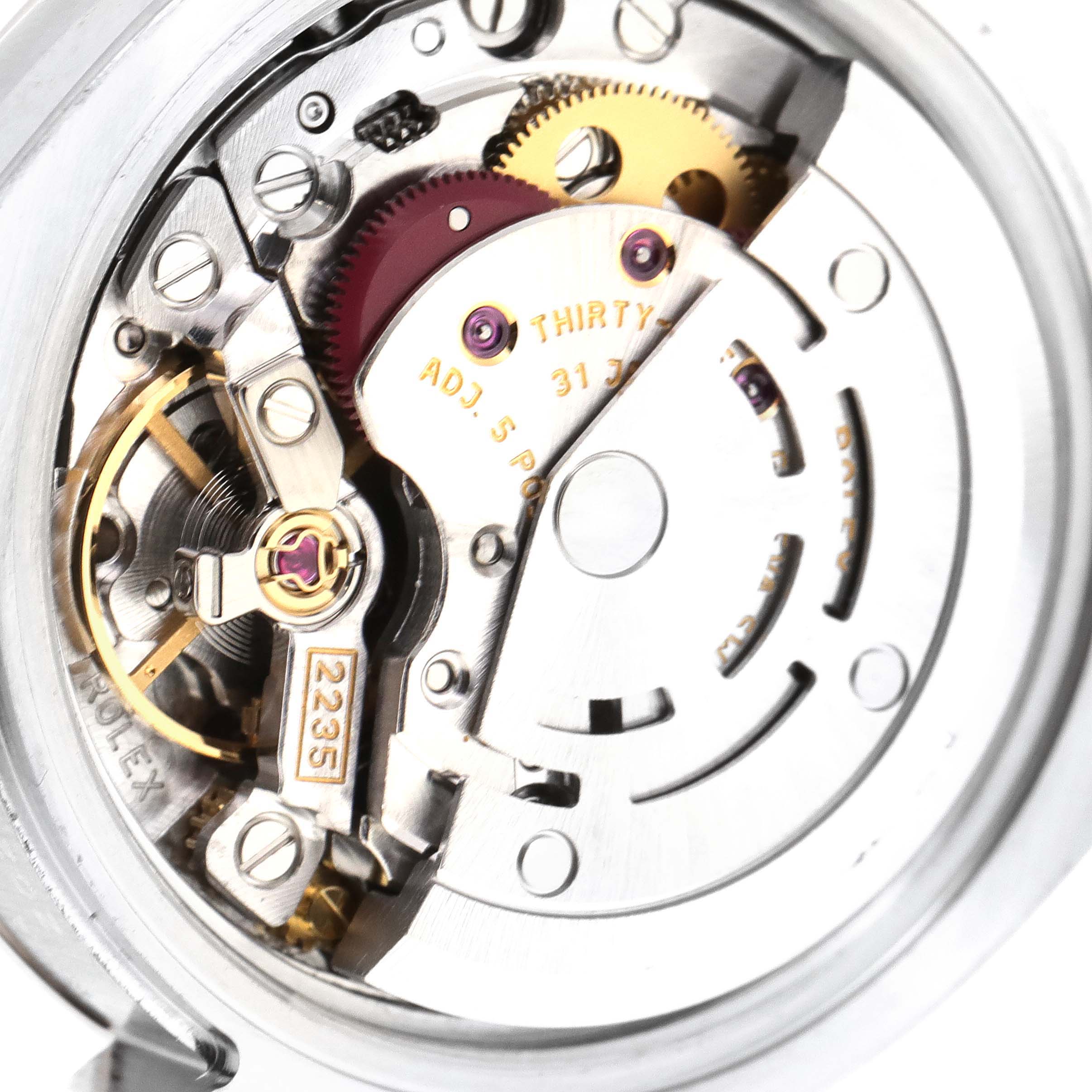 This image shows an up-close view of the Datejust model movement mechanism by Rolex.