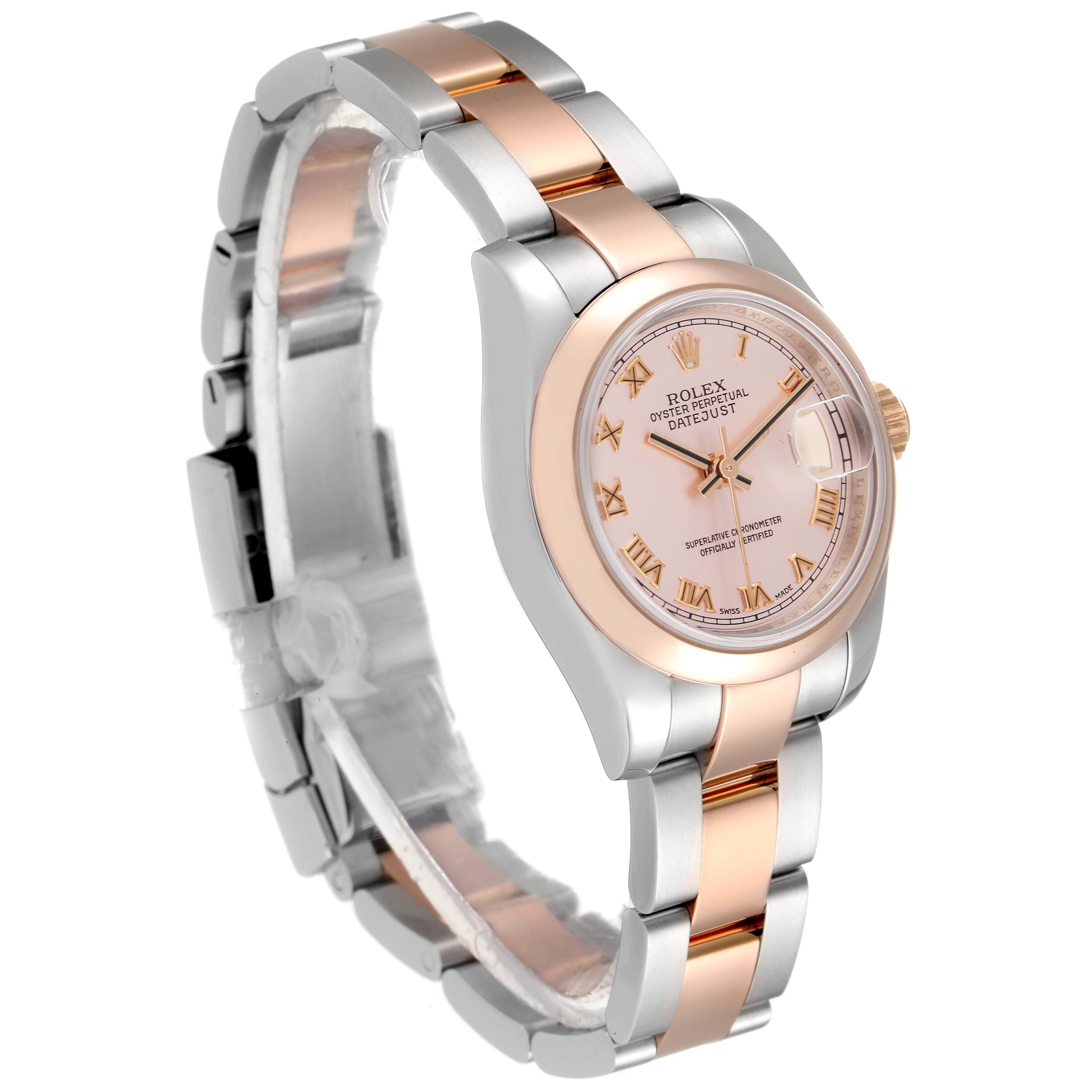 The watch shown is a Rolex Datejust 179161 Women's Steel and Gold (two tone) Pink Dial 179161 Women's Steel and Gold (two tone) Pink Dial model, displayed at a three-quarter angle showing the face and bracelet.