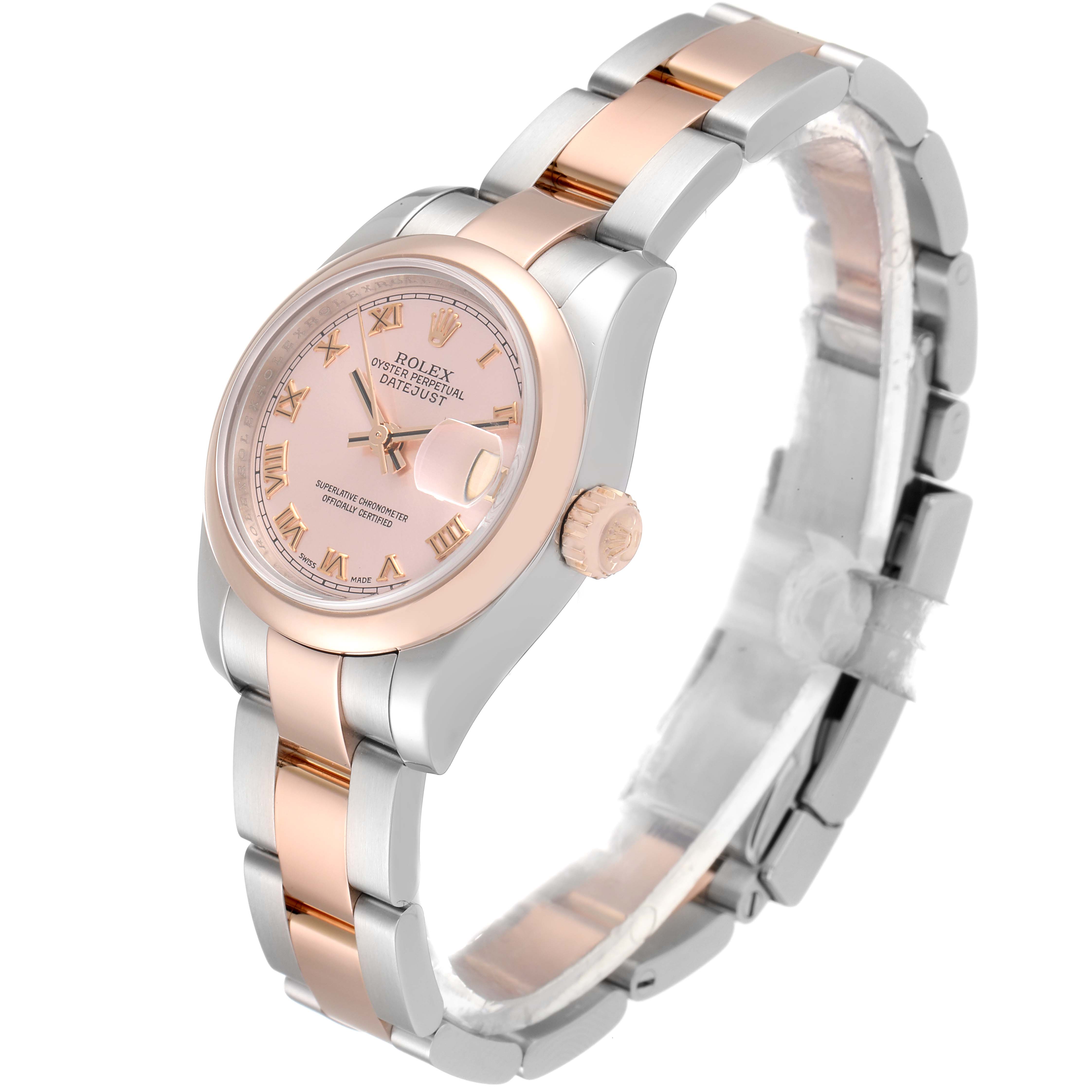 The Rolex Datejust 179161 Women's Steel and Gold (two tone) Pink Dial 179161 Women's Steel and Gold (two tone) Pink Dial watch is shown at a slight angle, revealing the dial, bezel, crown, and bracelet.