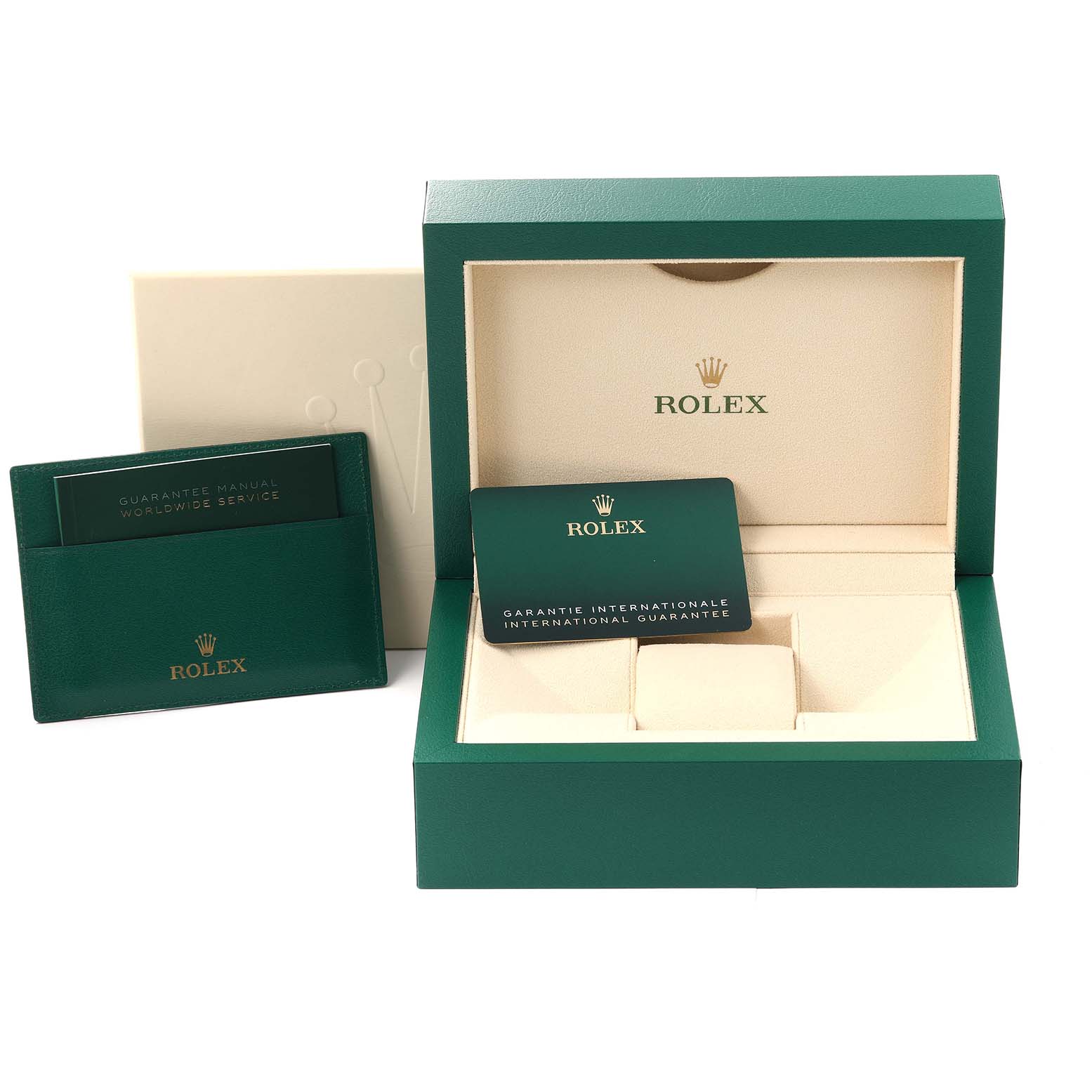 The image shows the packaging box, guarantee manual, and international guarantee card for a Rolex Datejust 126234 Men
s Stainless Steel Green Dial 126234 Men
s Stainless Steel Green Dial watch.