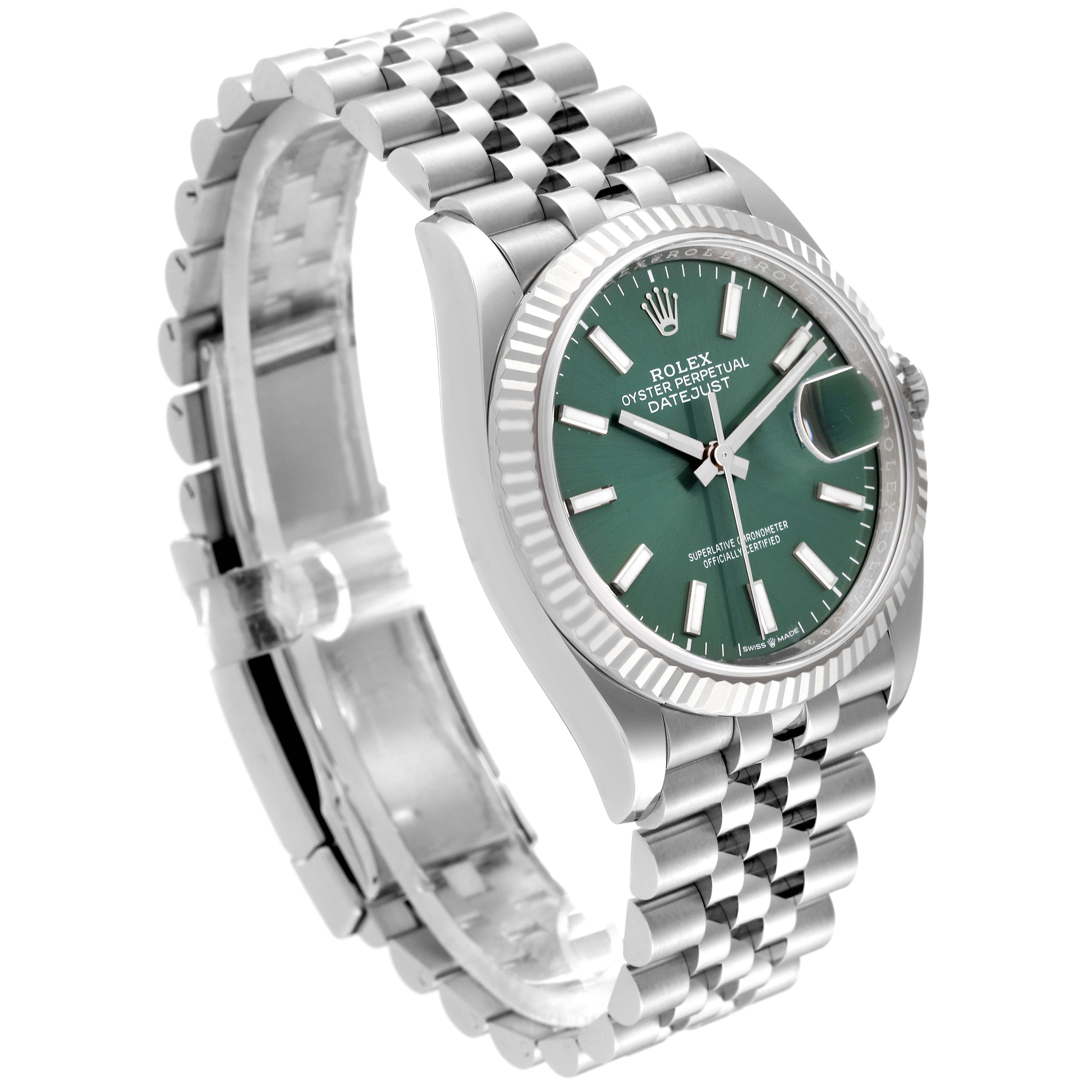 The Rolex Datejust 126234 Men
s Stainless Steel Green Dial 126234 Men
s Stainless Steel Green Dial watch is shown at an angled front view, highlighting its green dial, fluted bezel, and jubilee bracelet.