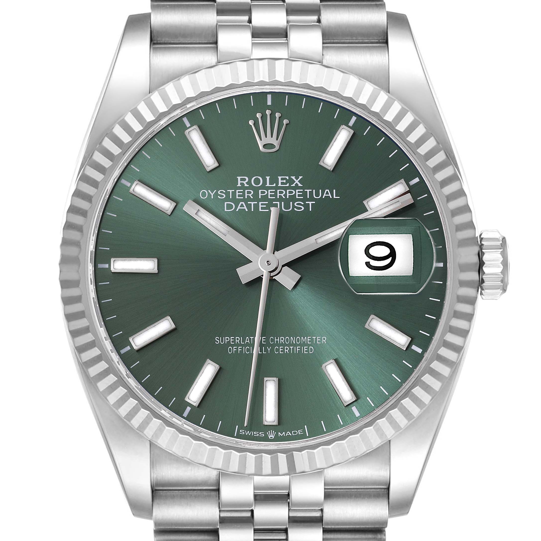 This is a front view of the Rolex Datejust 126234 Men
s Stainless Steel Green Dial 126234 Men
s Stainless Steel Green Dial watch, showing the face, bezel, and part of the bracelet.