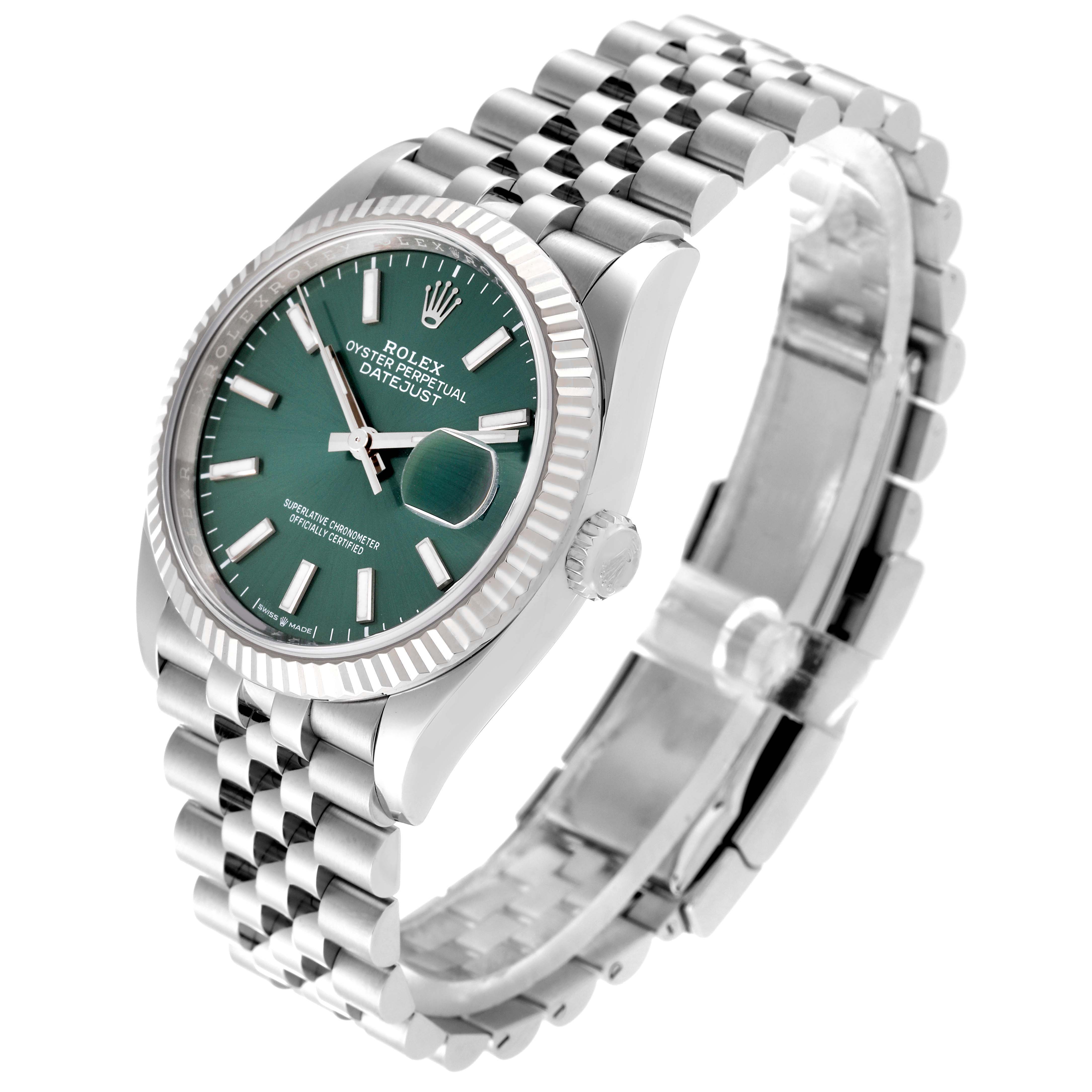 This image shows a Rolex Datejust 126234 Men
s Stainless Steel Green Dial 126234 Men
s Stainless Steel Green Dial watch at a three-quarter front angle, displaying the face, bezel, crown, and part of the bracelet.