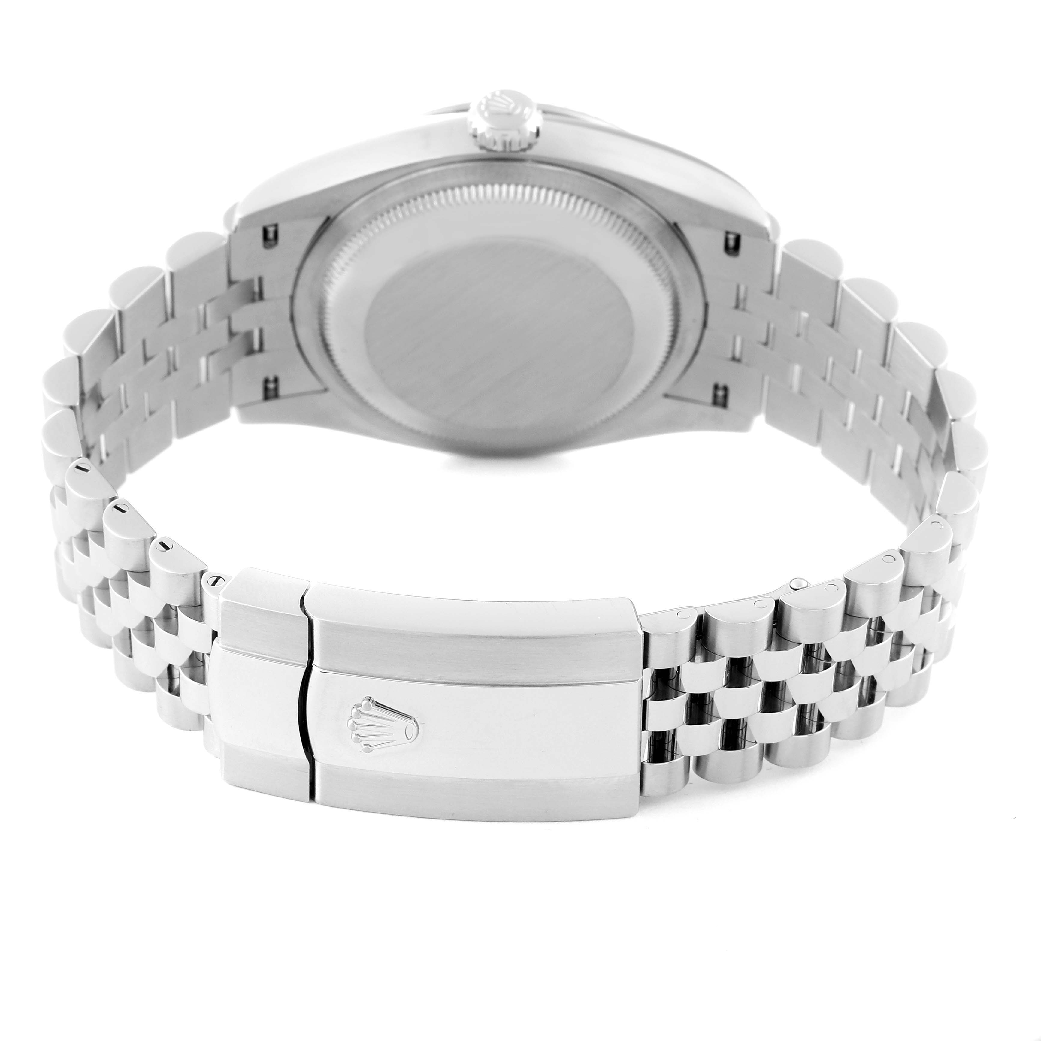 The image shows the back view of a Rolex Datejust 126234 Men
s Stainless Steel Green Dial 126234 Men
s Stainless Steel Green Dial watch, highlighting its clasp, bracelet, case back, and crown.