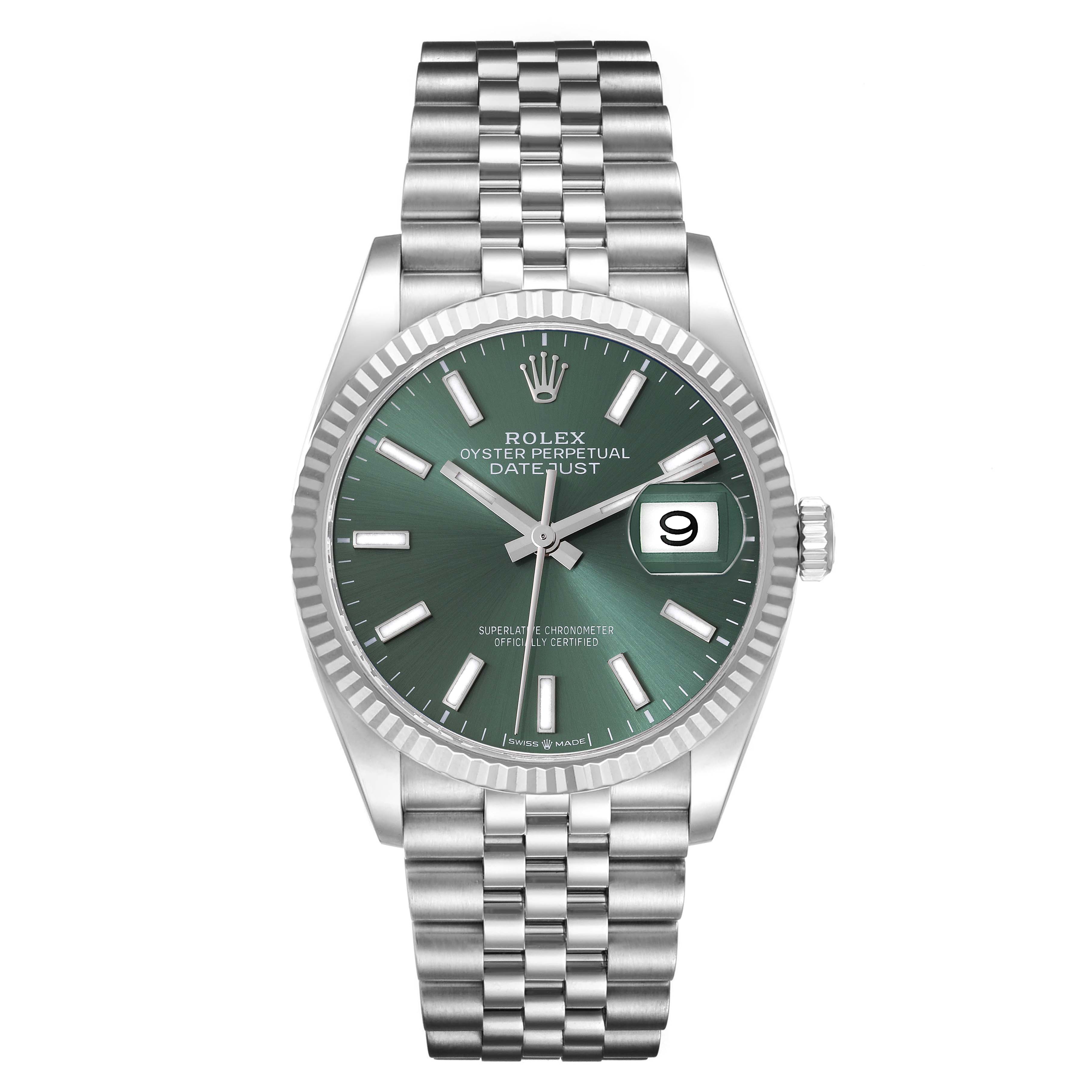 The image shows a front view of a Rolex Datejust 126234 Men
s Stainless Steel Green Dial 126234 Men
s Stainless Steel Green Dial watch with a green dial, fluted bezel, and Jubilee bracelet.