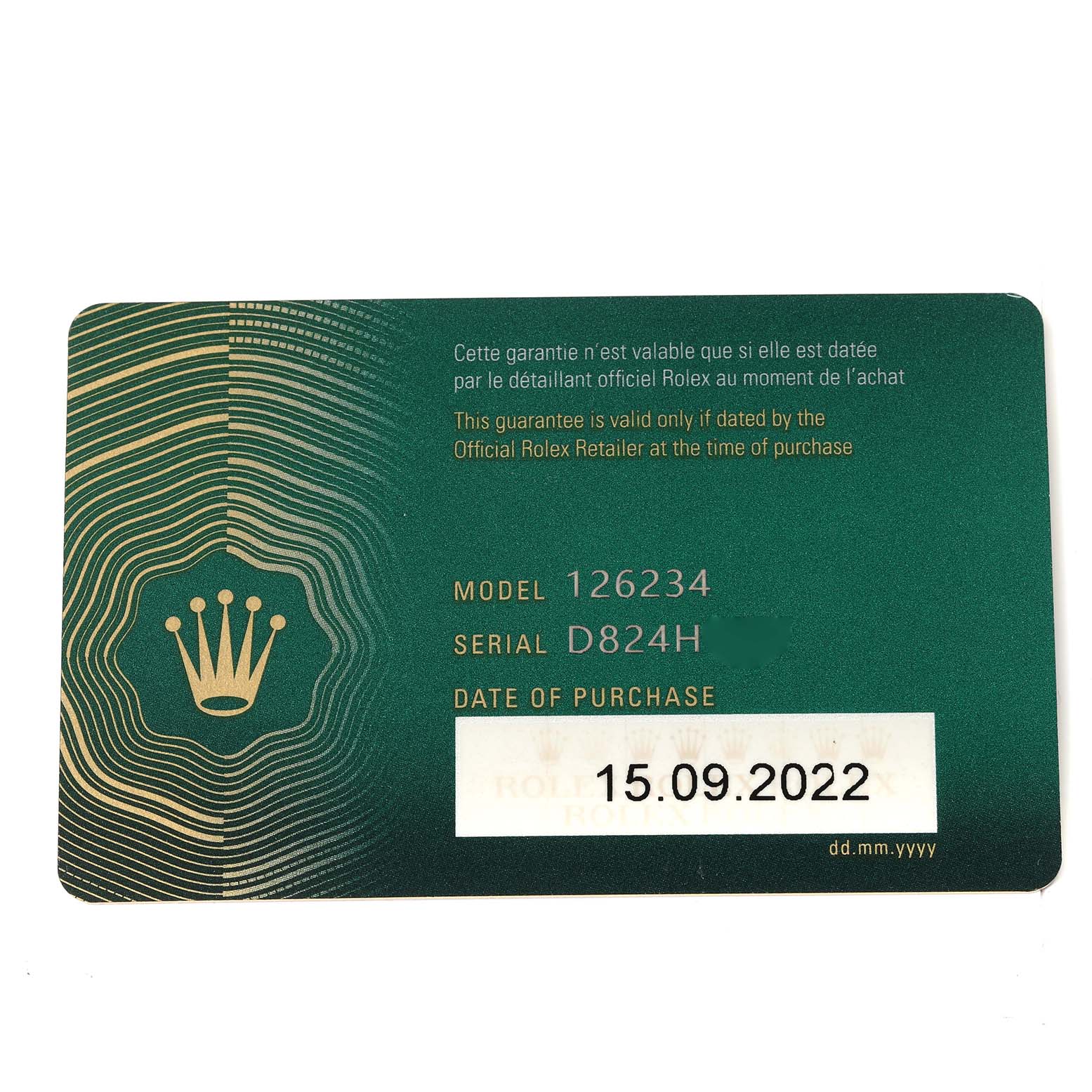 The image shows a green warranty card for the Rolex Datejust 126234 Men
s Stainless Steel Green Dial 126234 Men
s Stainless Steel Green Dial model 126234, detailing its serial number and purchase date.