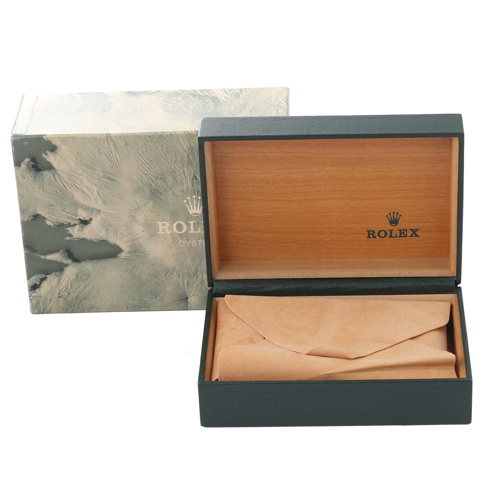 The image shows a Rolex Datejust 16234 Men's Stainless Steel White Dial 16234 Men's Stainless Steel White Dial watch box and outer packaging at a frontal angle, with the box open and containing a suede pouch.