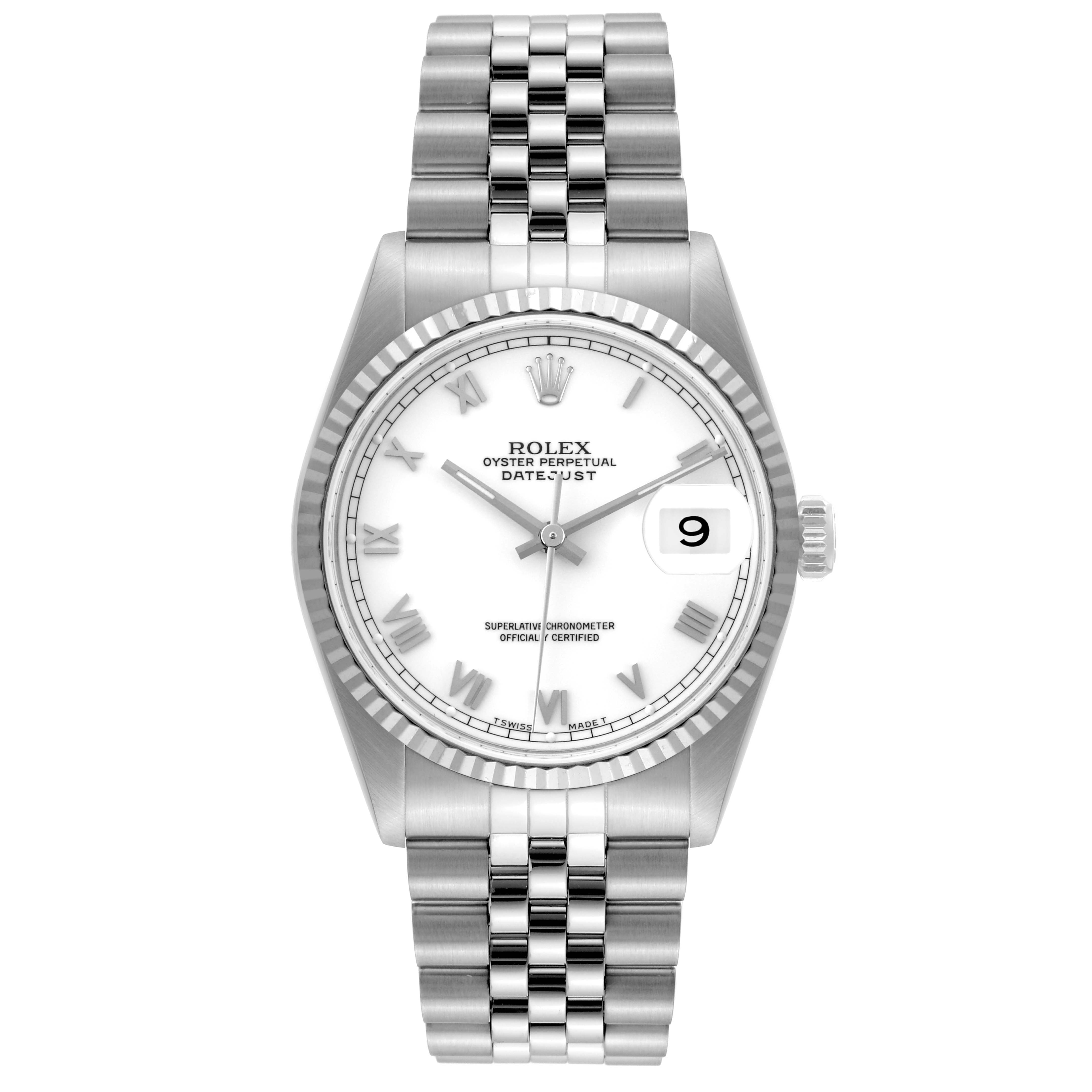 This image shows a front view of a Rolex Datejust 16234 Men's Stainless Steel White Dial 16234 Men's Stainless Steel White Dial watch, displaying its face, dial, bracelet, and date window.