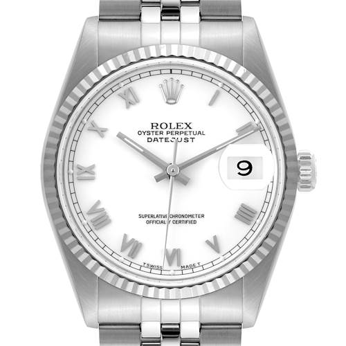 This image shows a frontal view of the Rolex Datejust watch, highlighting its silver bezel, white dial, and date window.