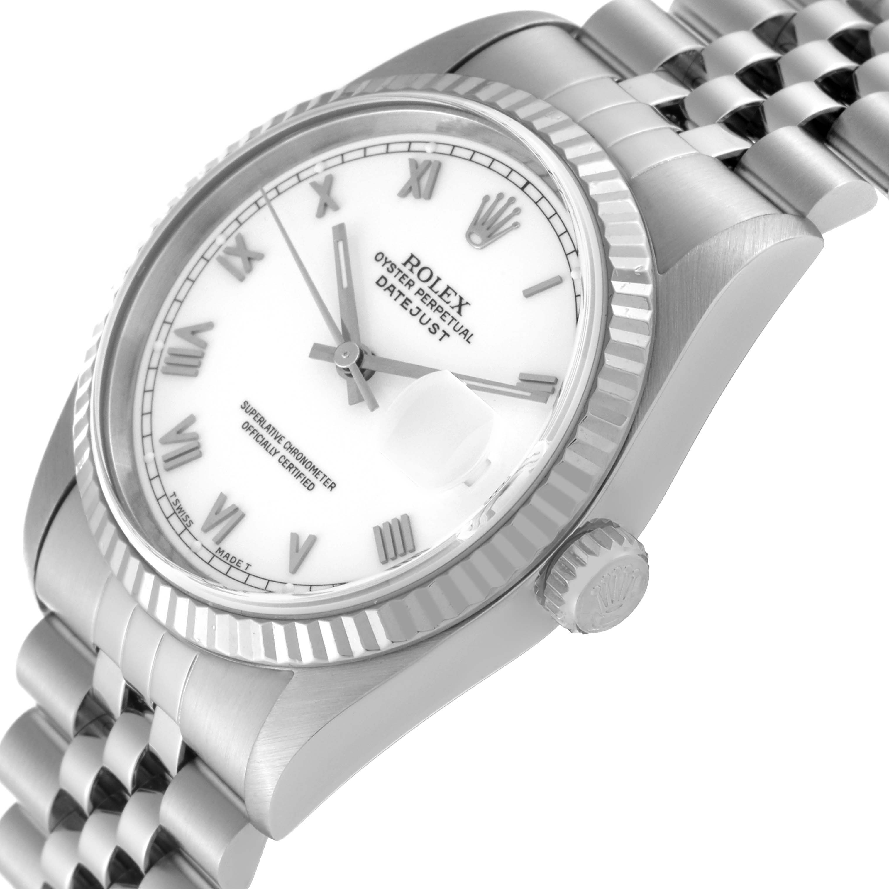 The image shows a close-up angle of a Rolex Datejust 16234 Men's Stainless Steel White Dial 16234 Men's Stainless Steel White Dial watch, featuring the dial, crown, case, and part of the bracelet.