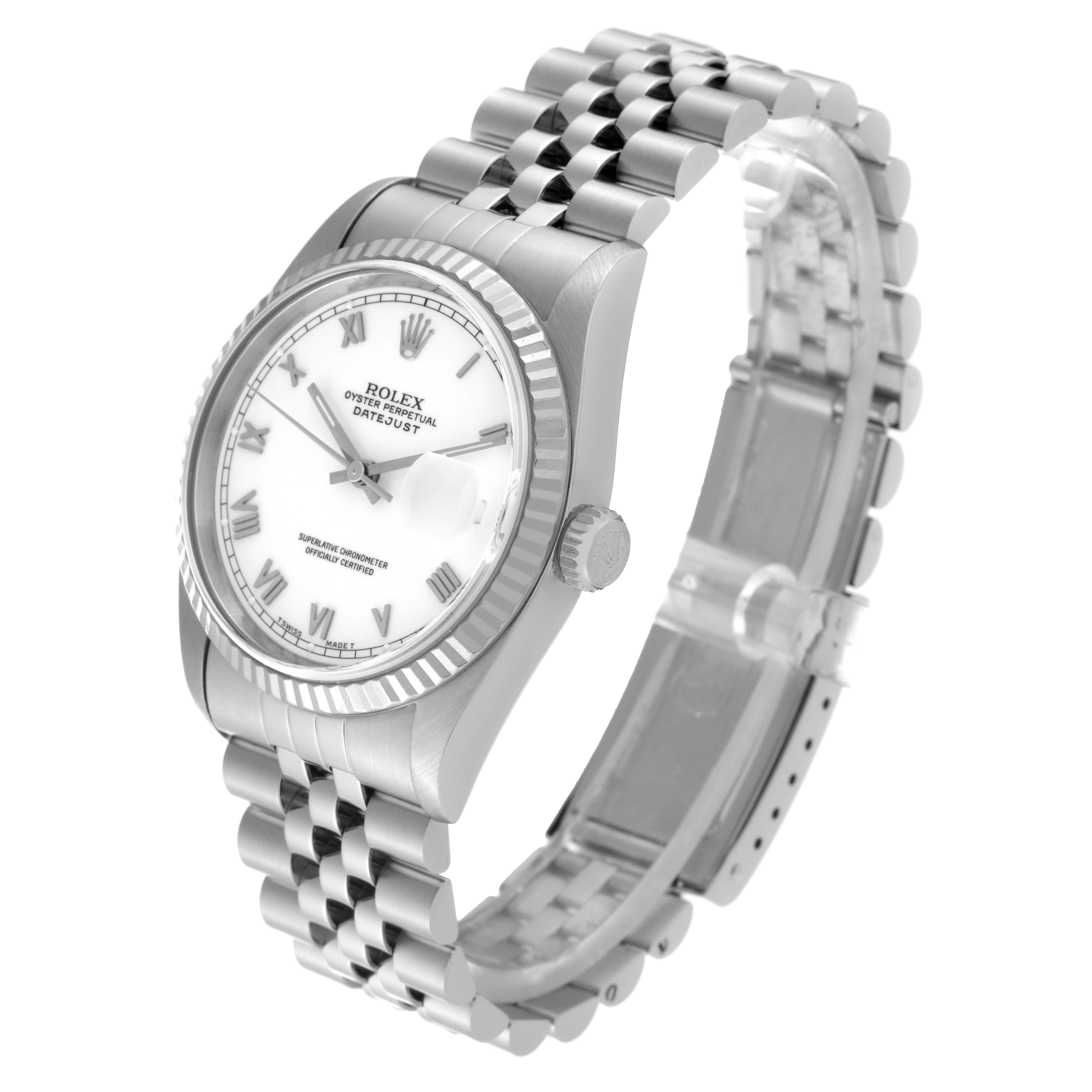 The image shows a Rolex Datejust 16234 Men's Stainless Steel White Dial 16234 Men's Stainless Steel White Dial watch at a three-quarter angle, highlighting its bracelet, bezel, and dial.