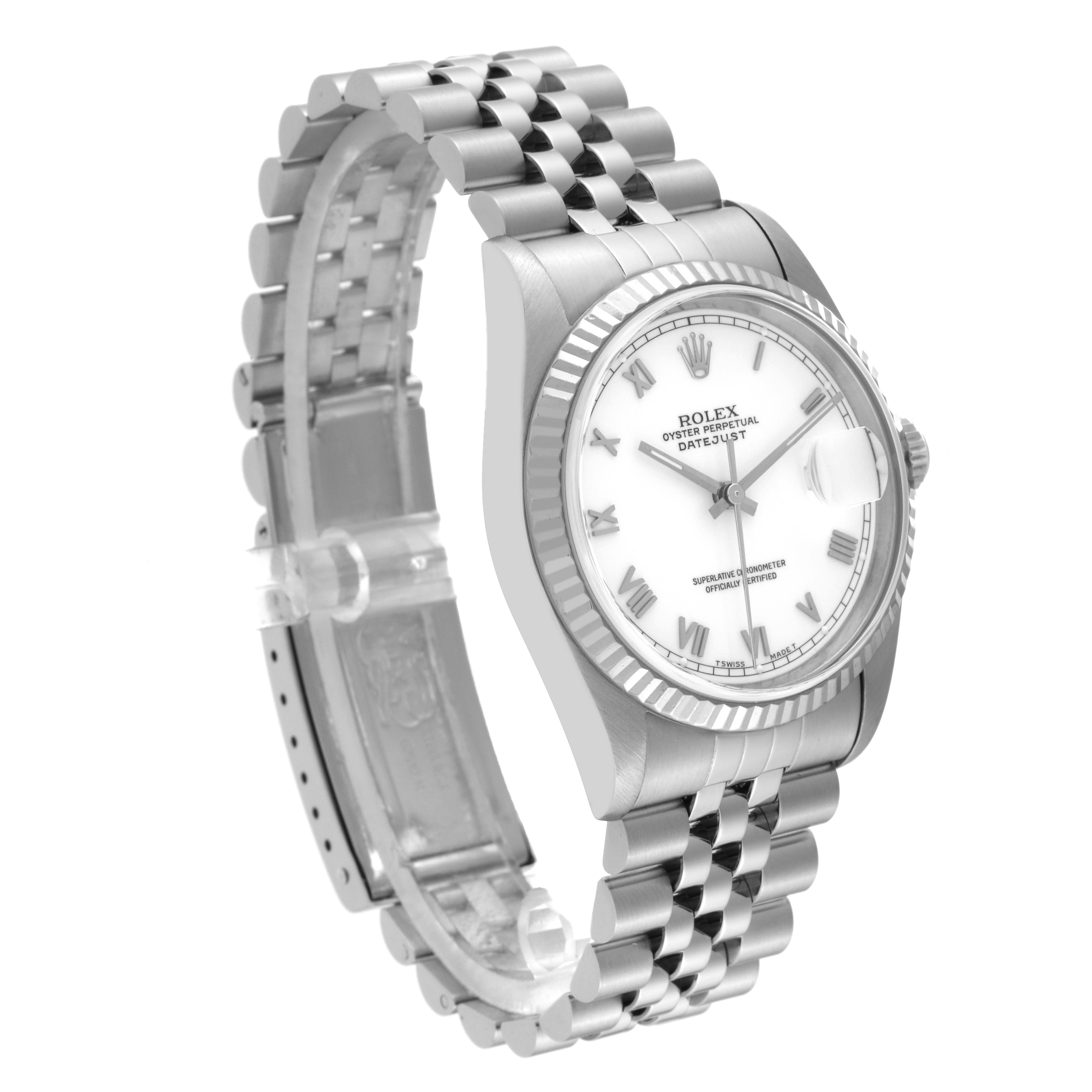 This image shows a Rolex Datejust 16234 Men's Stainless Steel White Dial 16234 Men's Stainless Steel White Dial watch from a front angle, highlighting the dial, bezel, and Jubilee bracelet.