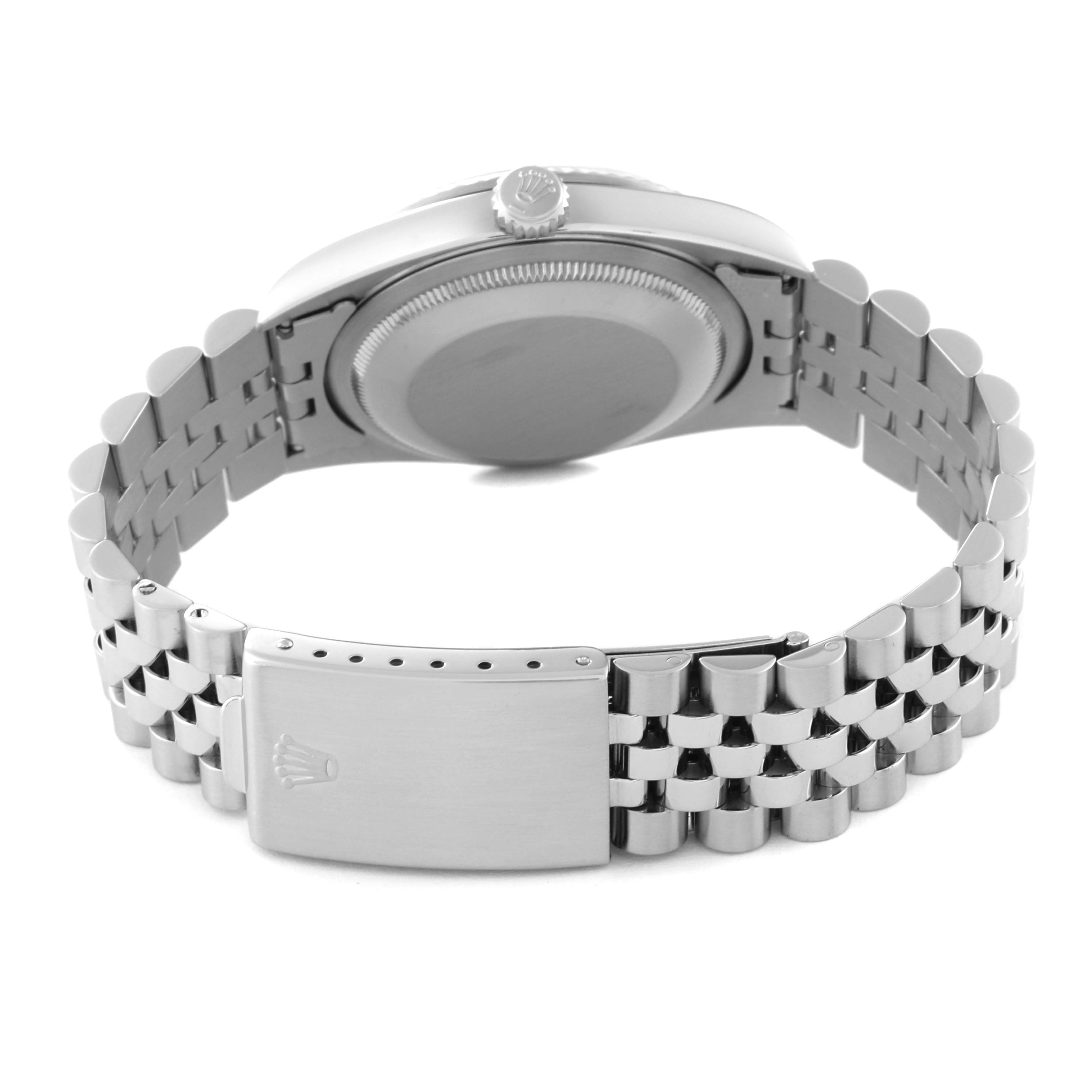 This image shows the back case and bracelet of a Rolex Datejust 16234 Men's Stainless Steel White Dial 16234 Men's Stainless Steel White Dial watch, including the crown logo on the clasp.