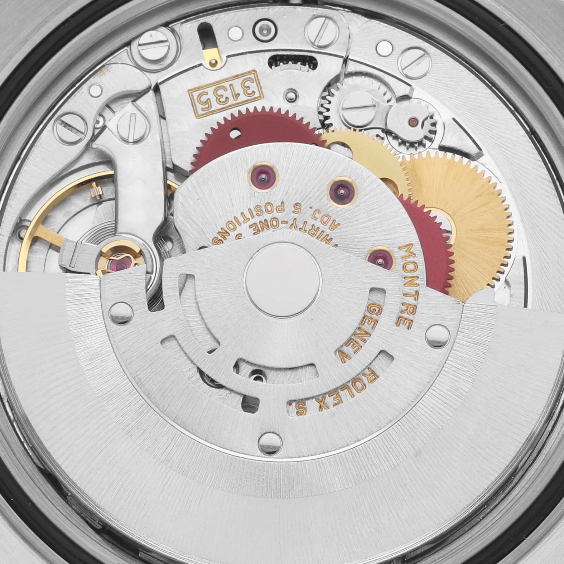 This image shows a close-up view of the internal mechanism of a Rolex Datejust 16234 Men's Stainless Steel White Dial 16234 Men's Stainless Steel White Dial watch, highlighting gears and the rotor.