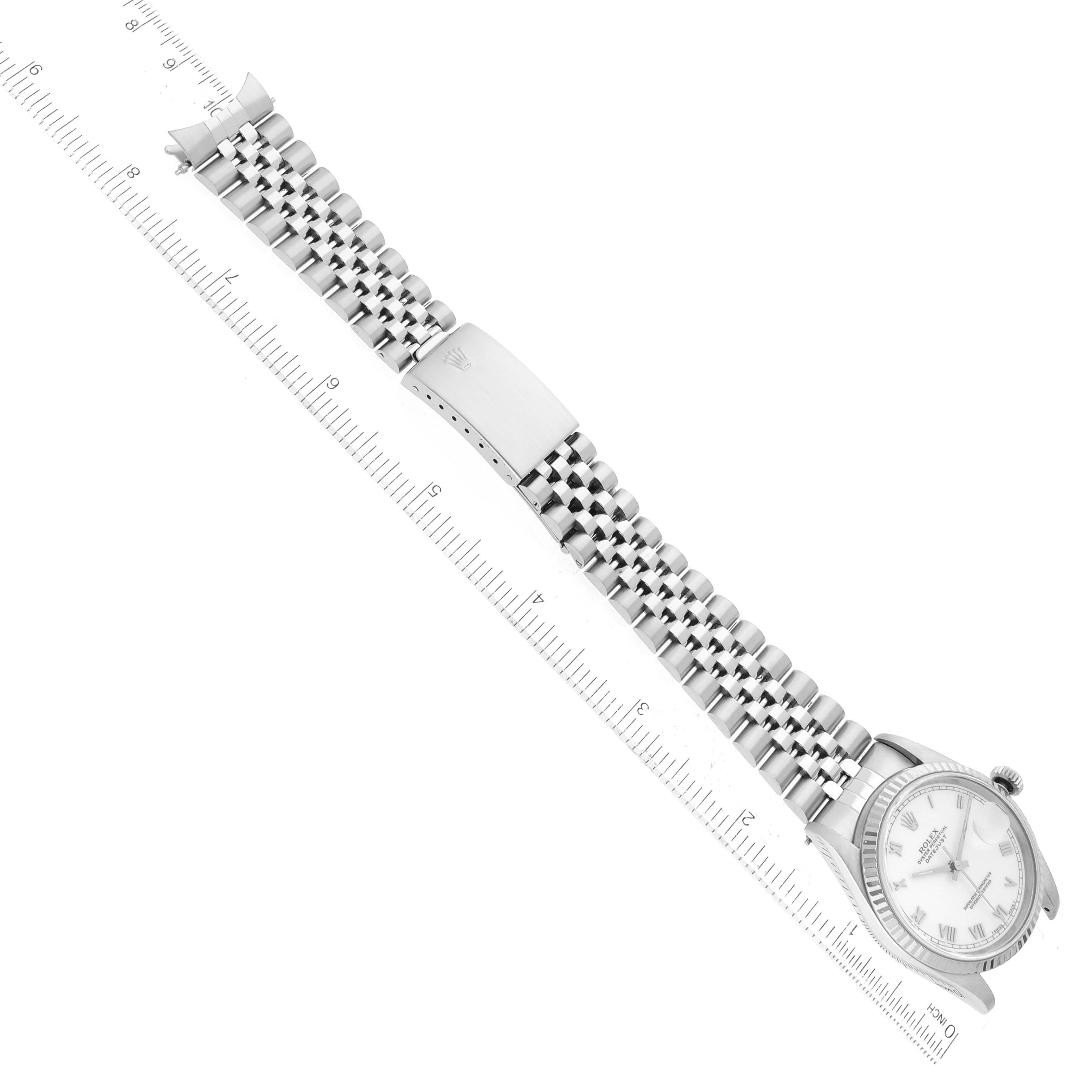 The image shows the Rolex Datejust 16234 Men's Stainless Steel White Dial 16234 Men's Stainless Steel White Dial watch laid flat, displaying the bracelet, clasp, and watch face from a top view.