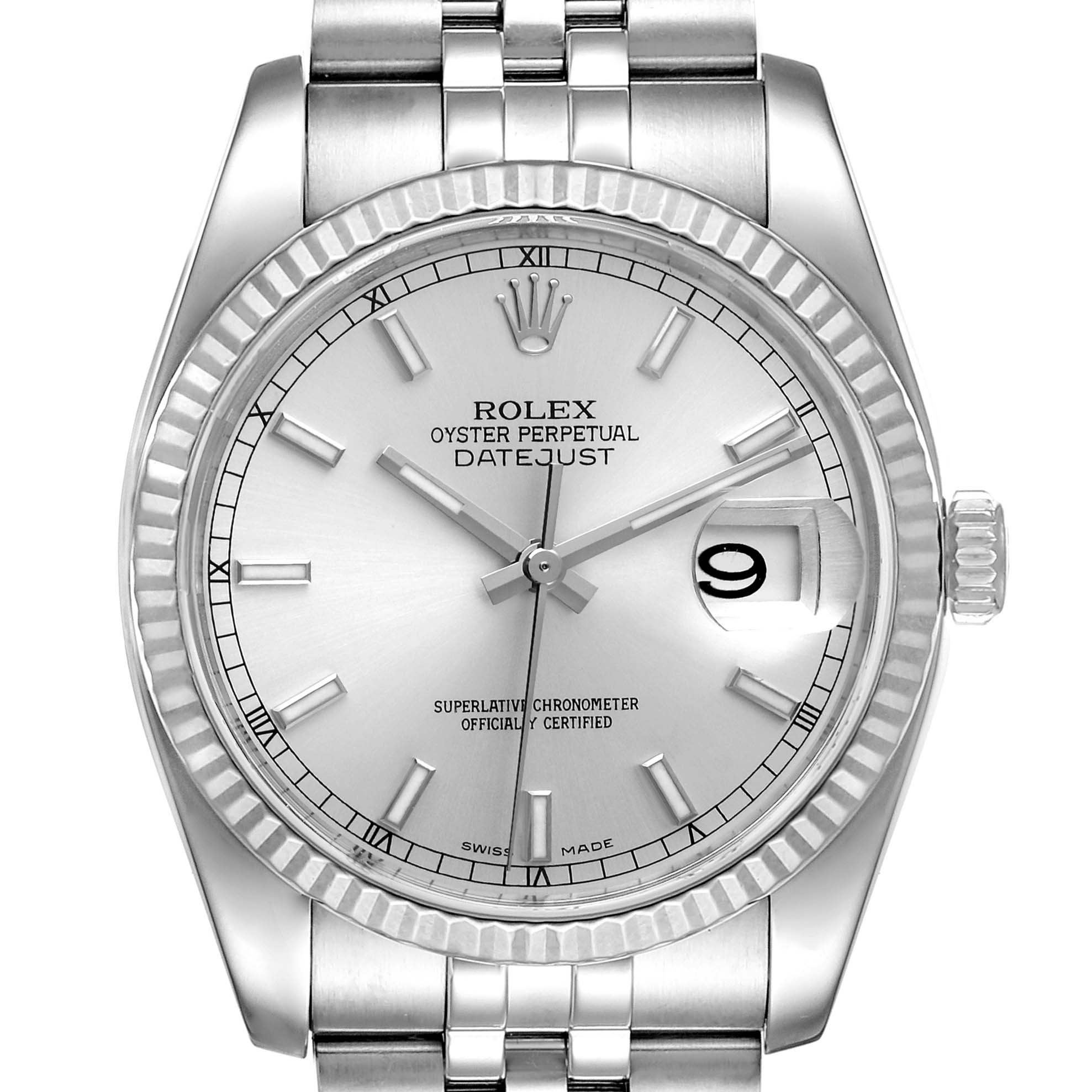 This image shows a front view of the Rolex Datejust 116234 Men's Stainless Steel Silver Dial 116234 Men's Stainless Steel Silver Dial watch, highlighting the dial, bezel, crown, and part of the bracelet.