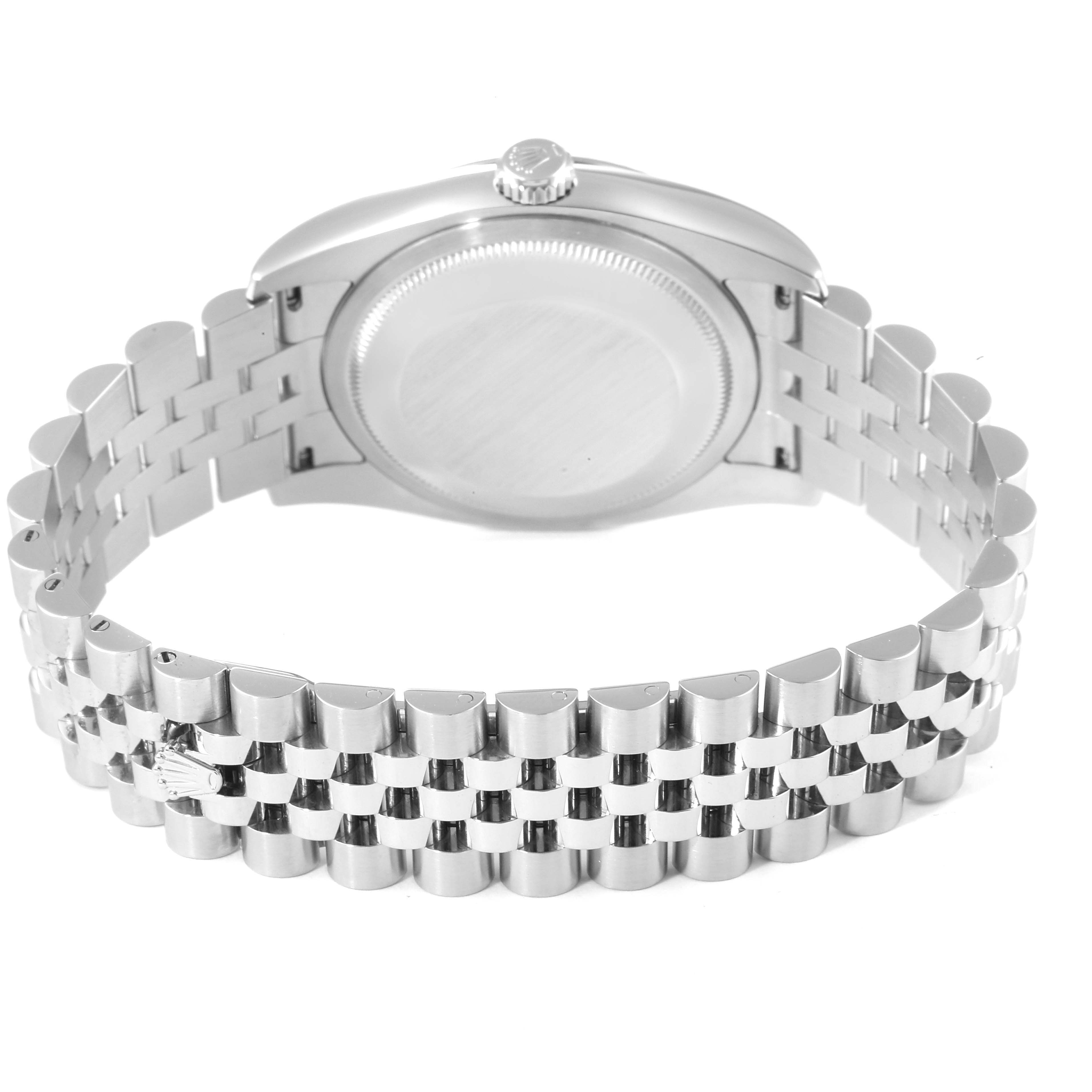 The image shows the back side and bracelet of a Rolex Datejust 116234 Men's Stainless Steel Silver Dial 116234 Men's Stainless Steel Silver Dial watch, highlighting its case and Jubilee bracelet.